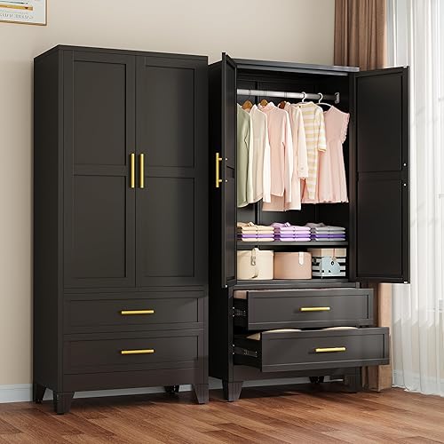 Metal Armoire Wardrobe Closet with 2 Drawers and Hanging Rod, 71'' Tall Wardrobe Cabinet with Doors and Adjustable Shelves, Storage Closet Cabinet for Bedroom, Laundry Room-Black