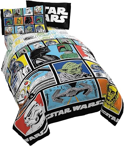 Star Wars Classic Grid - Juego de ropa de cama matrimonial de 5 piezas, incluye edredón reversible y juego de sábanas, ropa de cama con Luke