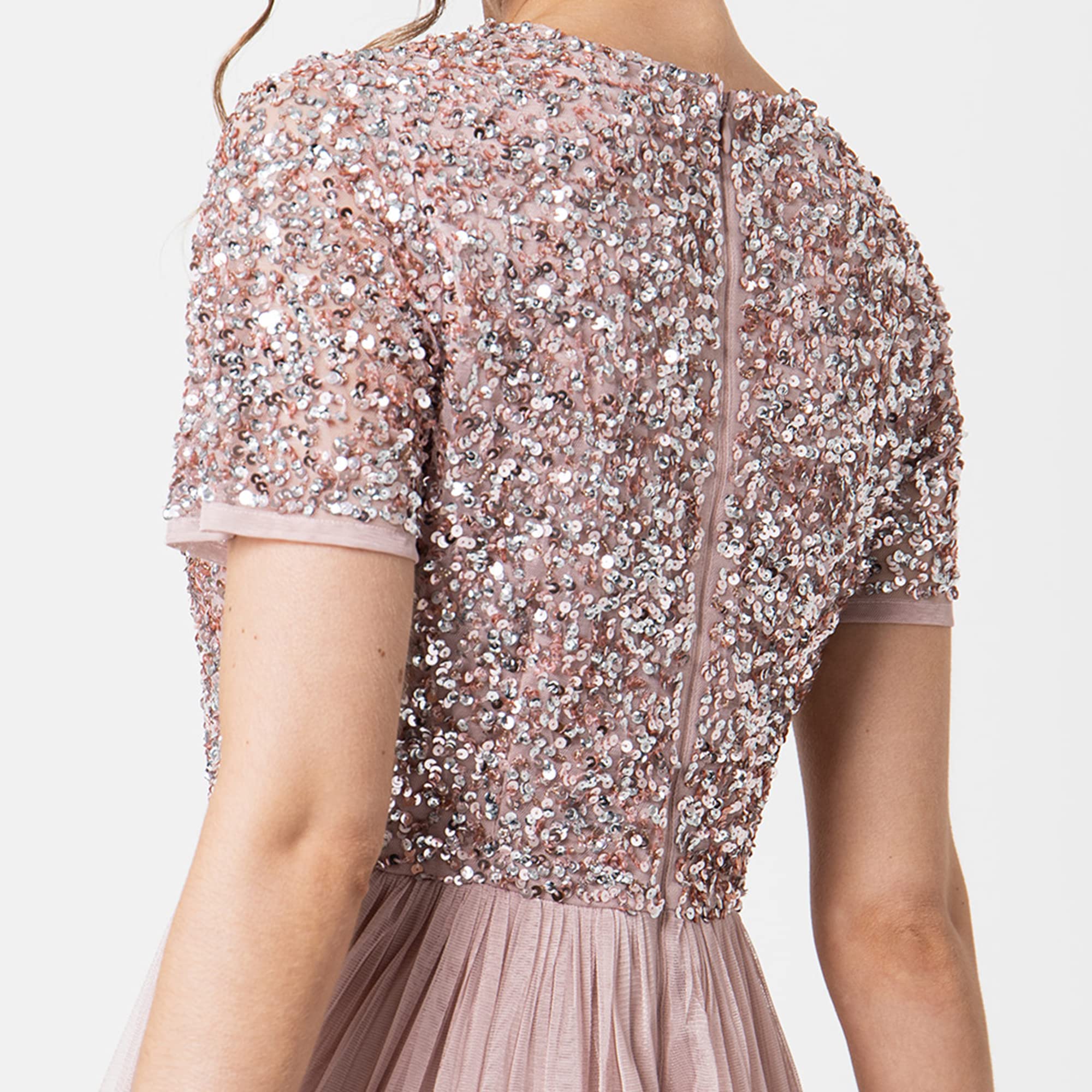 Maya Deluxe Maya Deluxe Embellished Midi Evening Dress For Women Ladies V Neckline with Short Sleeve For Prom Wedding Vestido de Dama de Honor Mujer (Pack de 1)