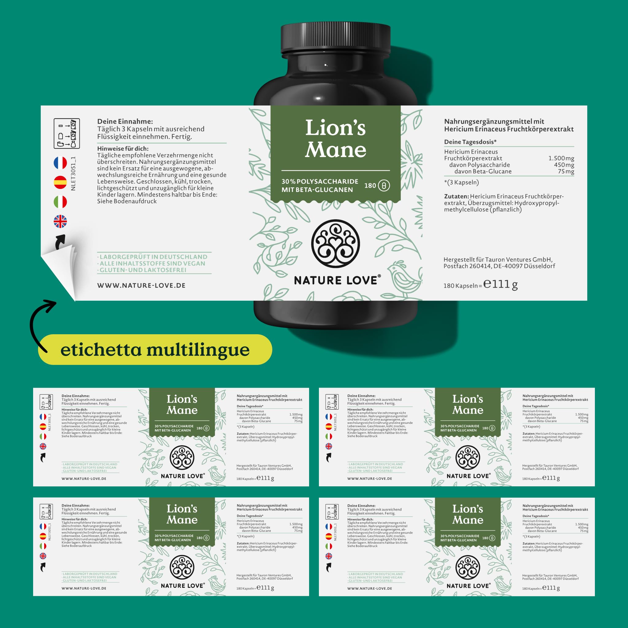 NATURE LOVE® Lions Mane (Hericium Erinaceus) - 180 capsule - Alto dosaggio, 1500mg/dose giornaliera - 30% di polisaccaridi e 5% di beta glucani - Vegano, testato in laboratorio e made in Germany