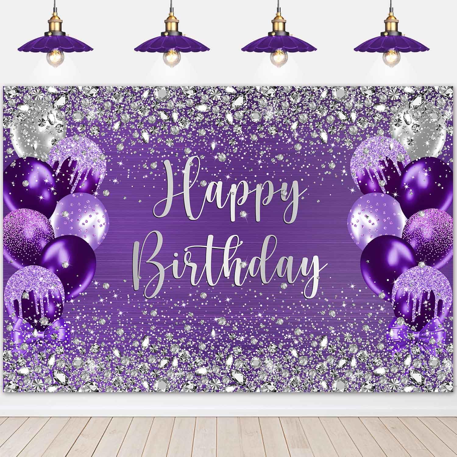 Ayayiya Purple and Silver Happy Birthday Backdrop Banner Glitter Diamonds Purple Shinning Balloon Birthday Decorations for Women Girls Sweet 16