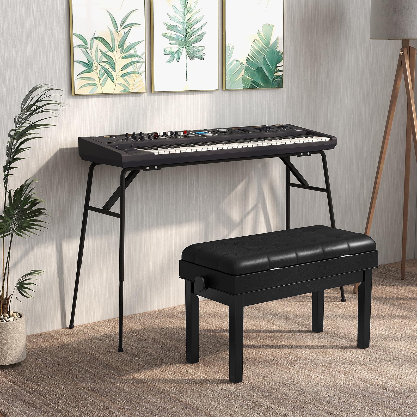 COSTWAY Tabouret Piano Réglable en Hauteur 48-58 cm, Banquette Piano avec Rangement, Siege Piano Double en Bois, Coussin Rembourré Imperméable, Banc de Piano, Charge Max. 200 kg, Noir