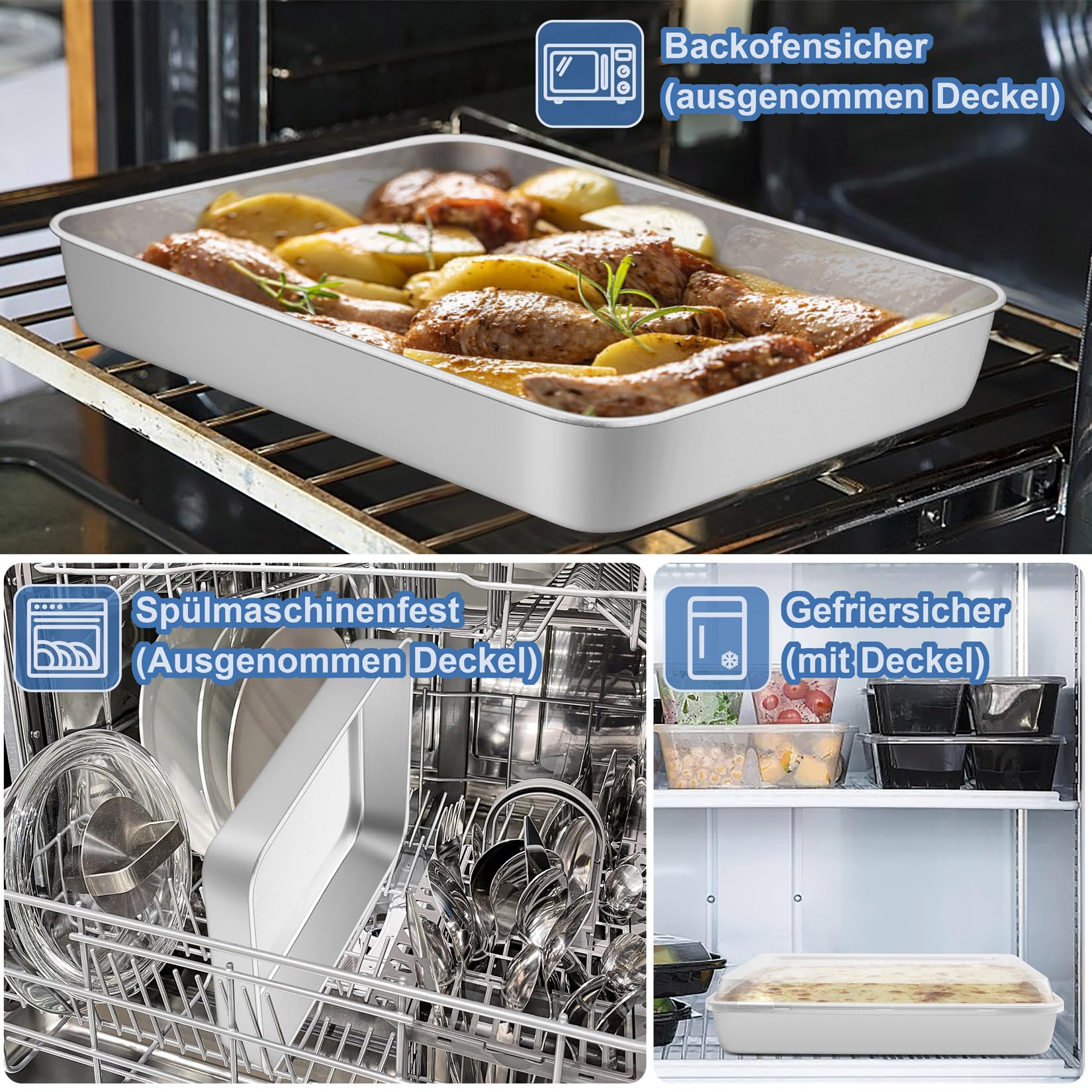 Onader Blacha do pieczenia, prostokątna forma do pieczenia ze stali nierdzewnej, z hermetyczną pokrywką, głęboka blacha do pieczenia, serwowania, nadaje się do mycia w zmywarce – 31,5 x 24,8 x 5 cm