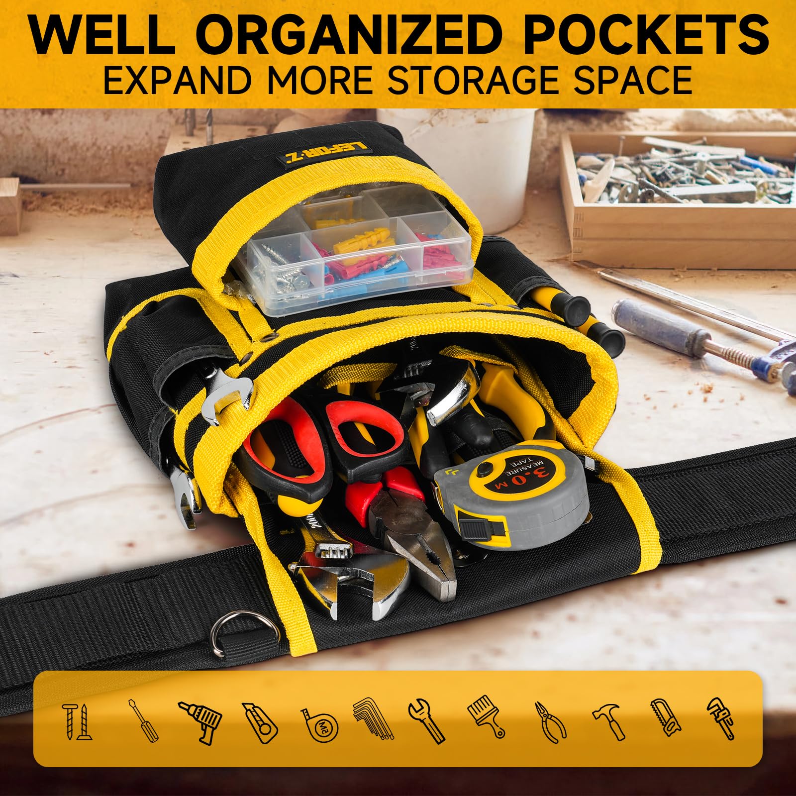 Ceinture à outils avec bretelles, 27 poches, ceinture à outils robuste pour homme avec pochette à outils magnétique, sac de ceinture de travail amovible et réglable pour électricien, charpentier