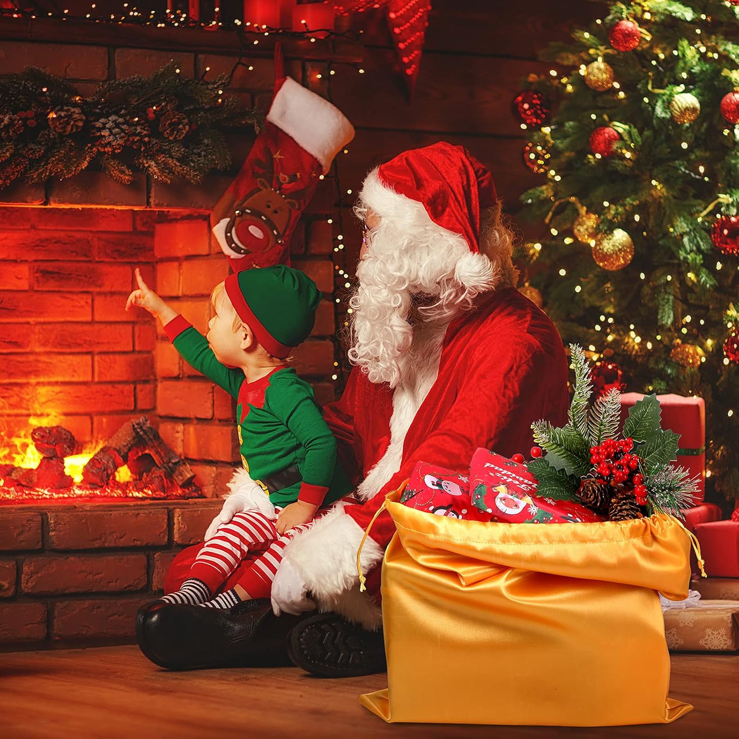 Christmas Santa Costume Set Includes Christmas Santa Hat Beard Wig White Gloves Glasses Present Bag for Xmas Costume - Image 7