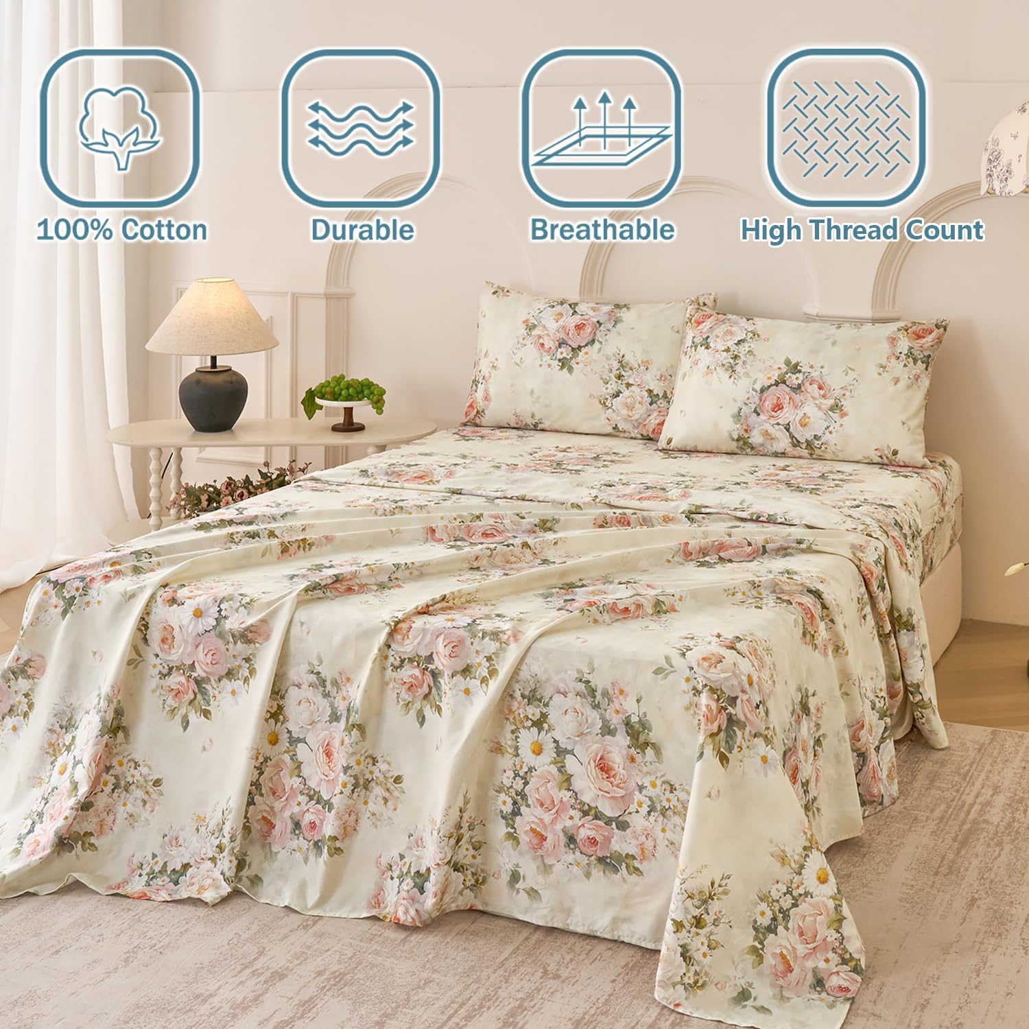 Silky Floral Bed Sheets King Size Cream 100% Cotton Blush Pink Rose Printed Sheet Set, Satin Weave Cooling Sheets for Hot Sleepers, Soft Luxury Shabby Vintage Deep Pocket Fitted Sheets 4Pcs - Image 7