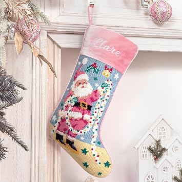 Needlepoint Christmas Stockings Personalized Snowman Santa Nutcracker Christmas Tree Embroidered Family Stockings for Holiday Applique Pink Velvet Stocking with Name for Family Decoration