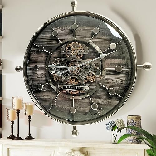 THE GEARS CLOCK Reloj de pared con engranaje móvil real de 27 pulgadas, línea Luxemburgo (negro y plata, 27 pulgadas)