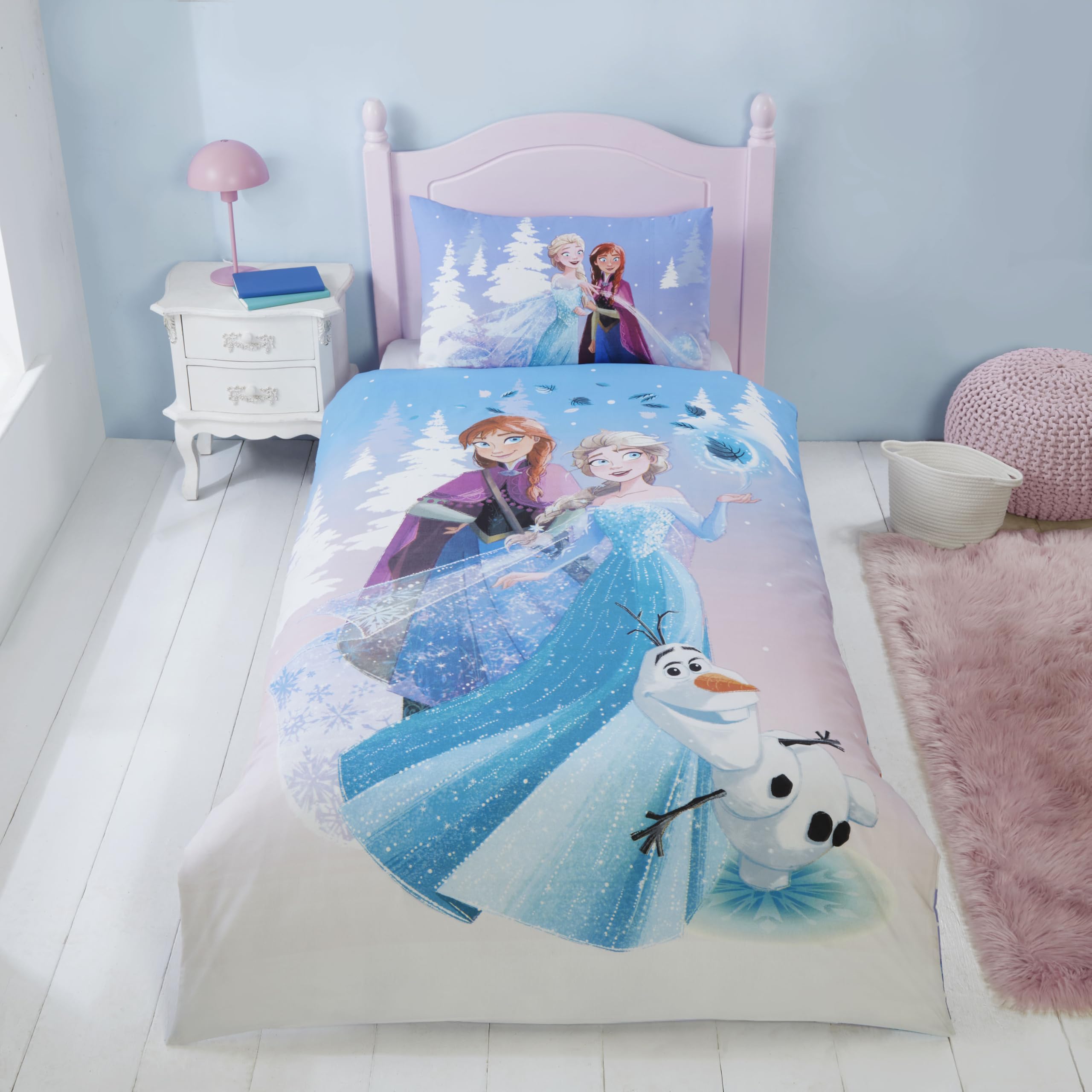 Disney Frozen Bedding Single Duvet Cover Set – Reversible Featuring Elsa, Anna & Olaf | Official Kids Bed Set | 55% Cotton 45% Polyester Easy Care | Magical Snow Design for Girls Bedroom