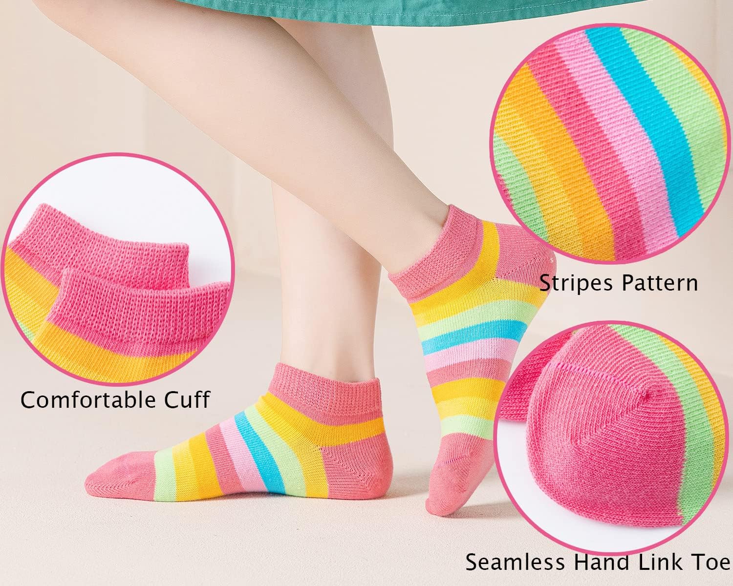 EPEIUS Kids Girls' 5 Pack Seamless Rainbow Stripes Crew Socks