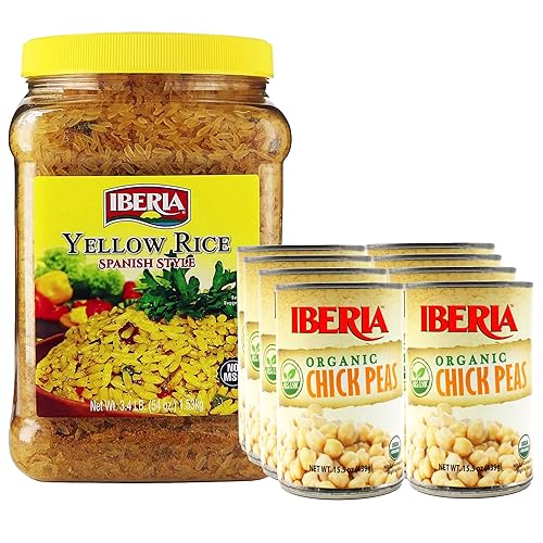 Iberia Garbanzos orgánicos de 15.5 onzas (paquete de 8) + Arroz amarillo Iberia de 3.4 libras.