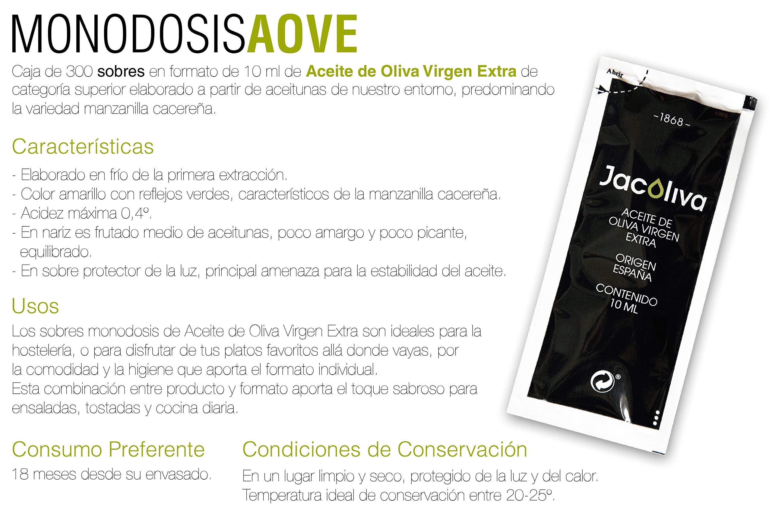 Jacoliva - Monodosis Aceite de Oliva Virgen Extra - 300 Unidades de 10 ml - Blend de Aceitunas - Predomina Manzanilla Cacereña - Elaborado en Extremadura