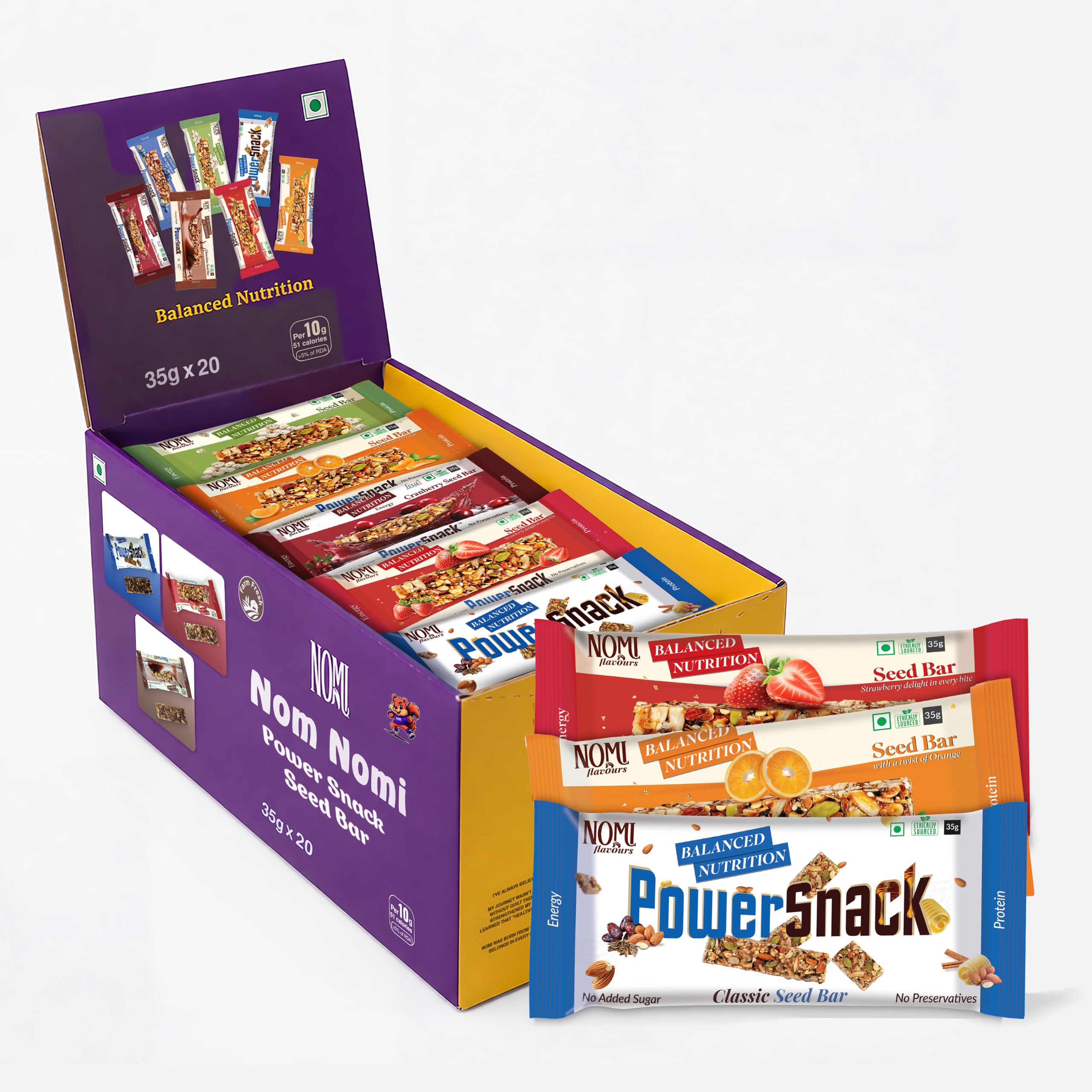 NOMI Assorted Seed Bar - Pack of 20 x 35g | Flavour Variety Pack: Classic, Chocolate, Strawberry, Orange, Cranberry, Blueberry & Makhana | Protien Packed Energy Bars| No Palm Oil | No Added Sugar-image-34