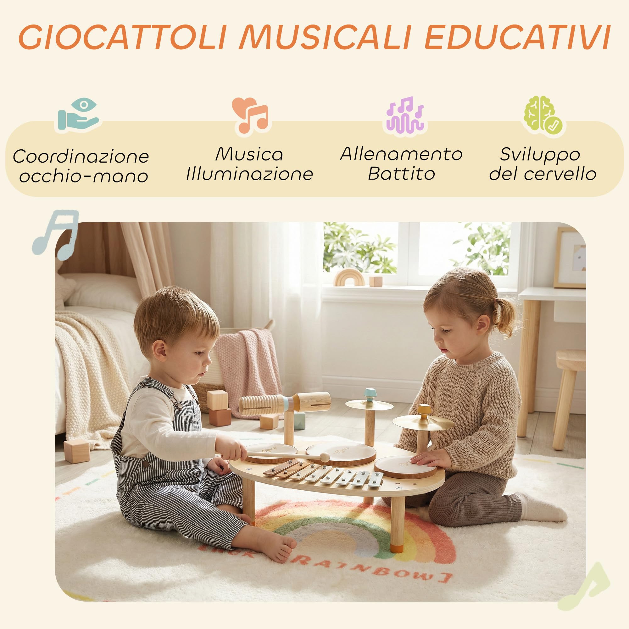 AIYAPLAY Set Musicale per Bambini, Strumenti in Legno e Metallo con Tamburi e Xilofono per Età 2+ Anni, Regali Musicali per Bambini e Bambine, Colore Legno Naturale