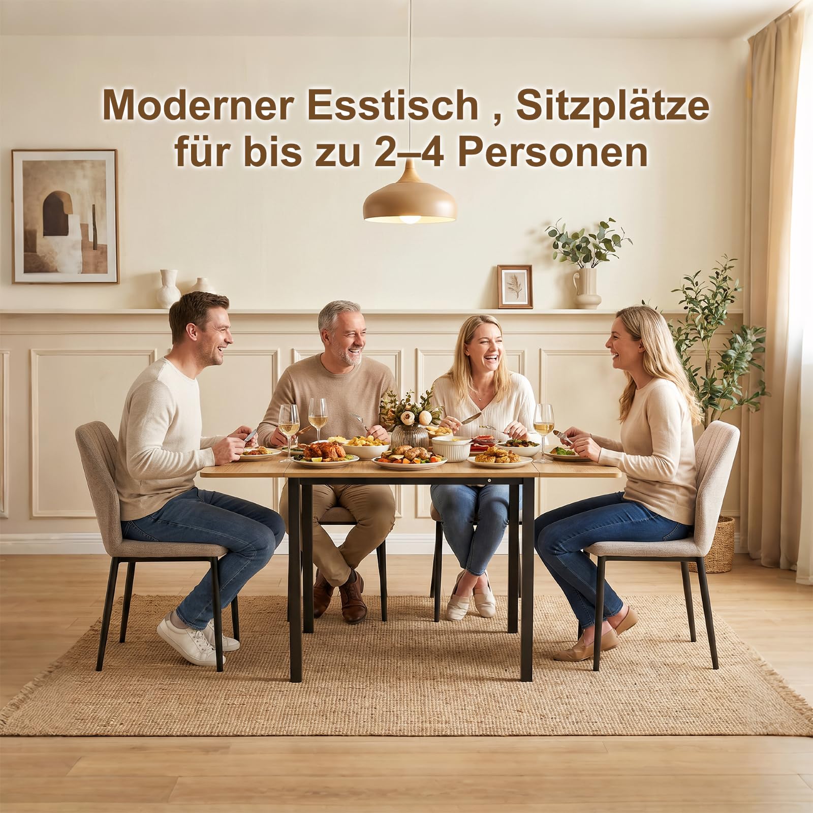 Esstisch, klappbarer Küchentisch für 2-4 Personen, Gartentisch Wetterfest, für kleine Räume, Helle Holzfarbe