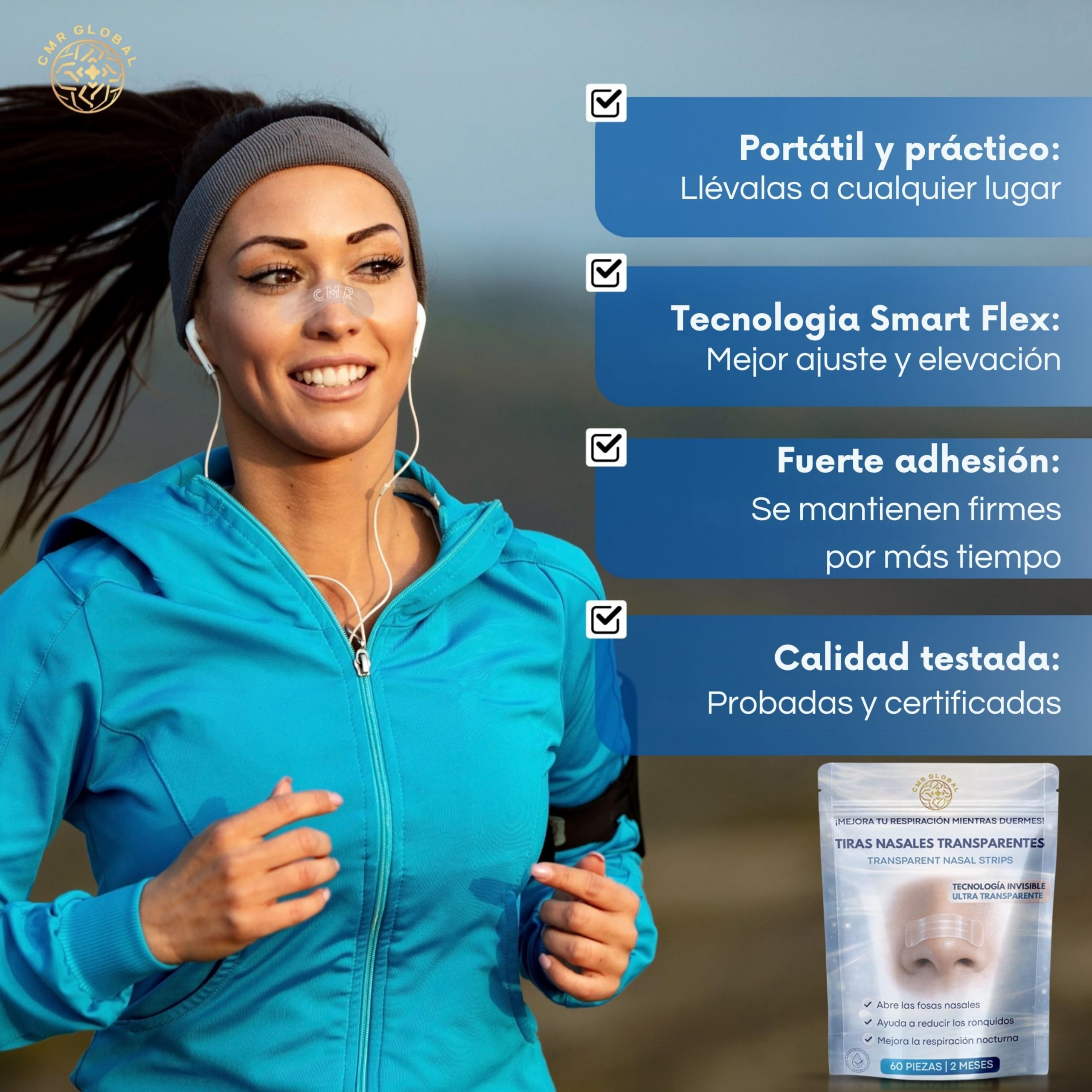 PACK PREMIUM 60 Tiras Nasales Deportivas. Tiras Nasales Antironquidos para Dormir Transparentes. Alivia la Congestión Nasal Para una Mejor Respiración. Nasal Strips Para Reducir Ronquidos Tiras Nariz