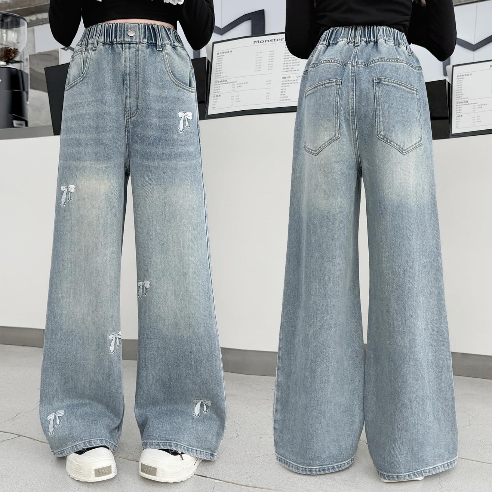 Rolanko Jean Baggy pour Filles, Taille Haute Élastique et Jambes Larges Pantalon en Denim de Bootcut Ample pour Enfants 6 à 15 Ans