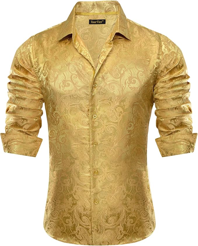 Men’s Gold Silk Paisley Dress Shirt — Long Sleeve Casual Button Down