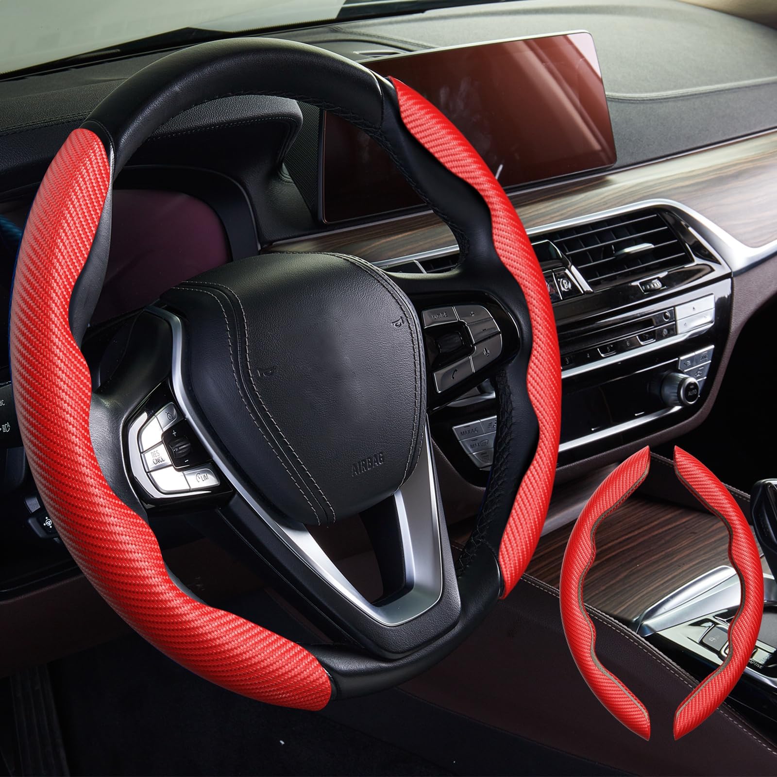 WOCOCN Steering Wheel Cover,Carbon Fiber Car Steering Wheel Cover with Non-Slip Lining,Universal Fit Most of Car Interior Accessories (Red)
