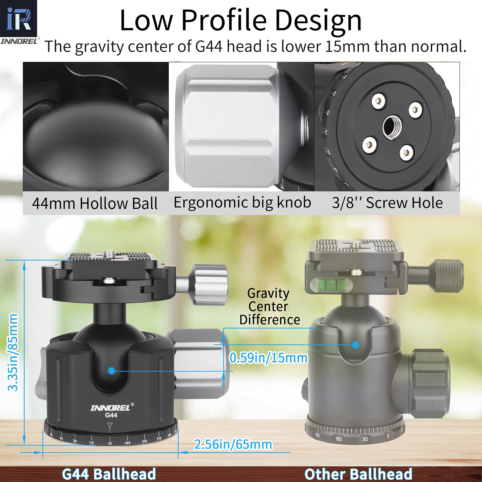 Cabezal de Bola de trípode de Perfil bajo-INNOREL G44 Rótula panorámica de trípode de cámara de Metal CNC con Placa de liberación rápida Arca Swiss de 1/4" para trípodes, monopié, DSLR, videocámara