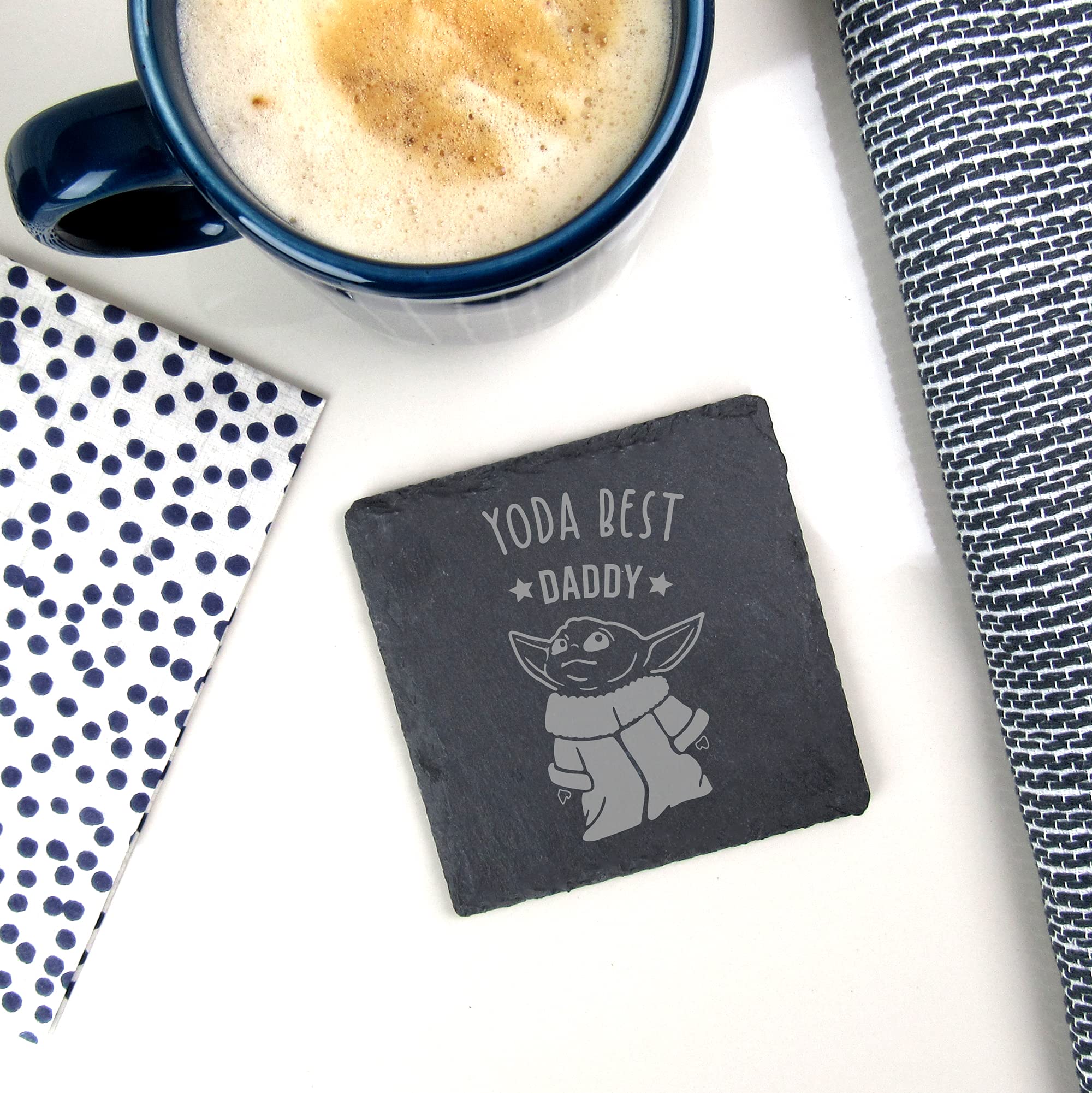 eBuyGB Personalised Square Slate Coaster, Engraved Baby Yoda Coaster, Star Wars Themed Drinks Mat, Funny Gifts for Daddy from Daughter, Son (Yoda Best Daddy)