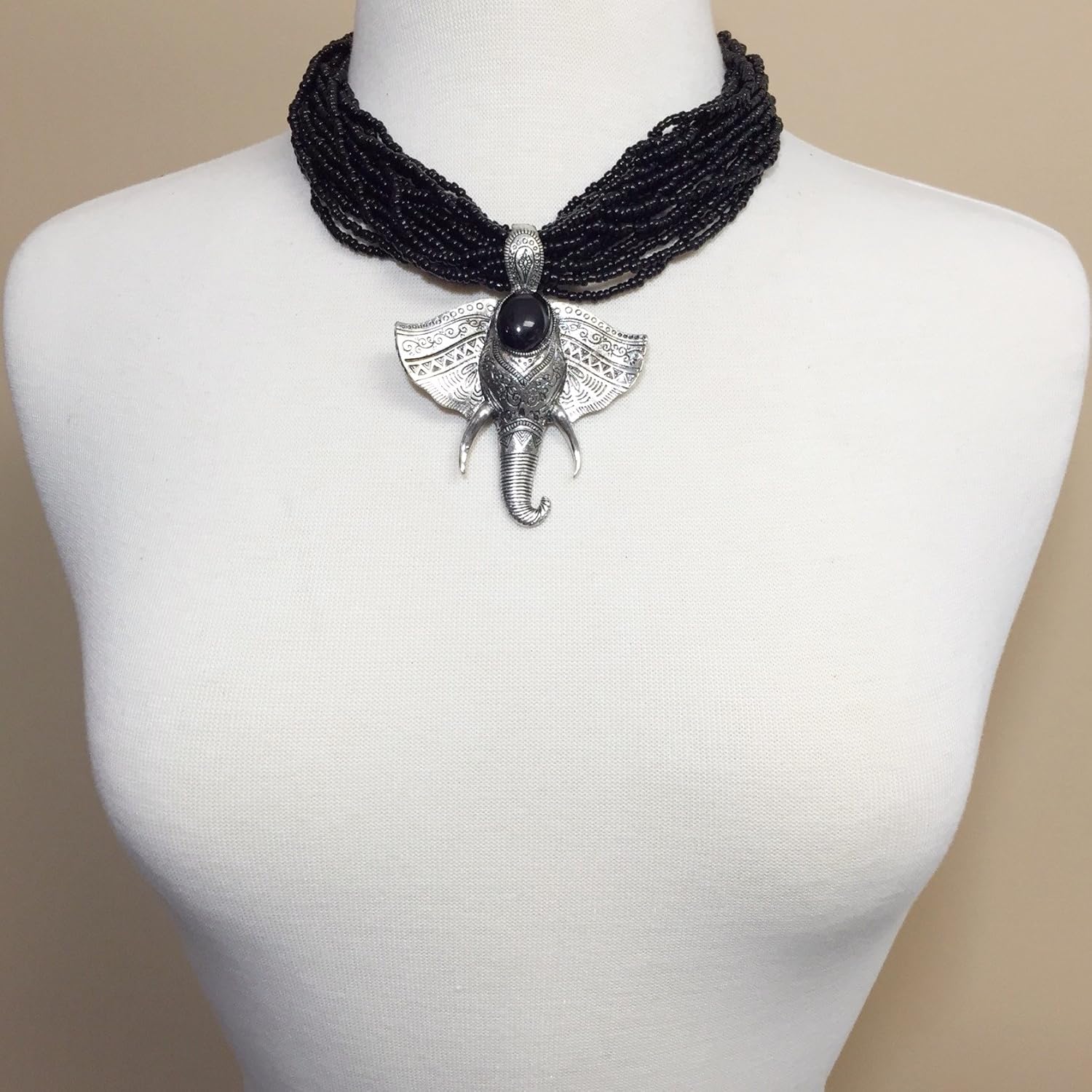 Gypsy Jewels Tribal Elephant Head Black Seed Bead Layered Necklace Earring Set