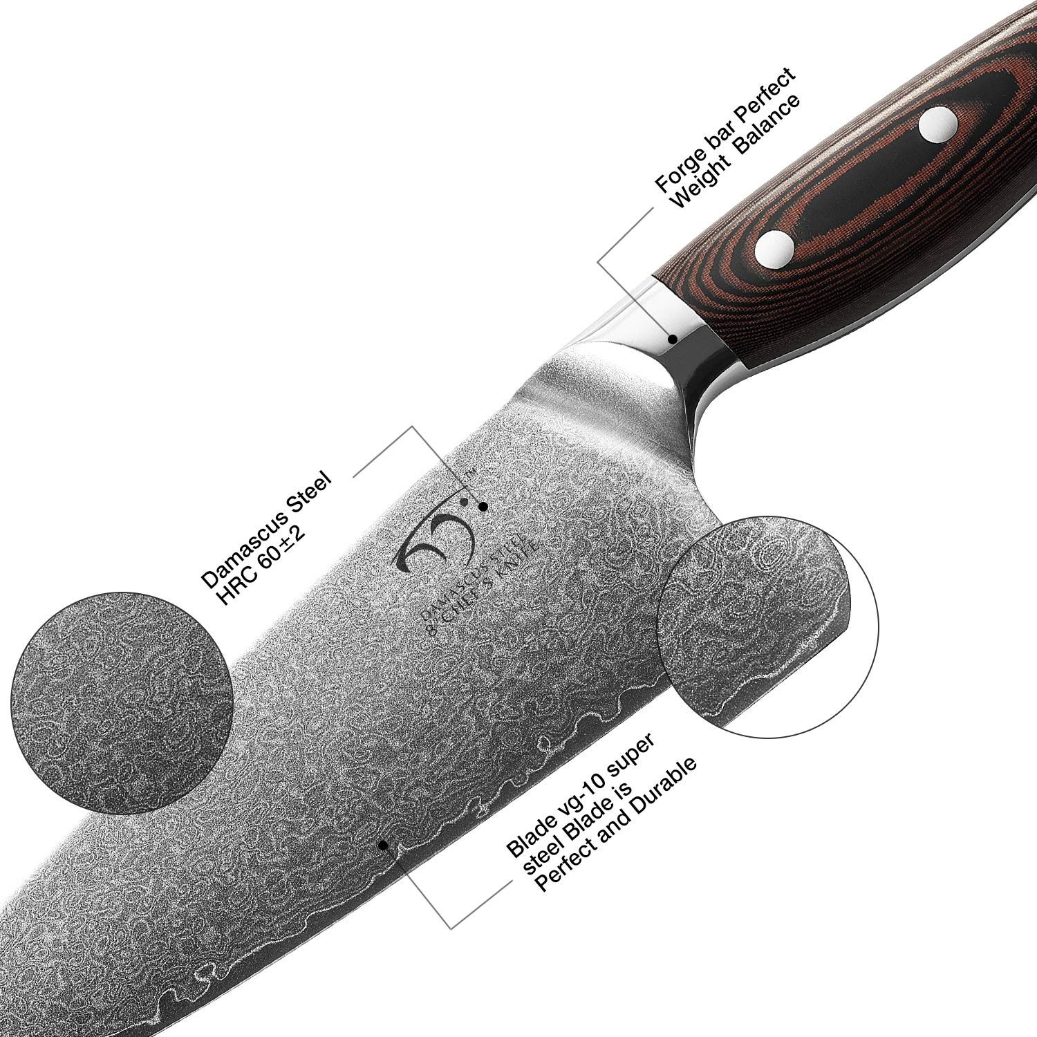 NANFANG BROTHERS 8-Inch VG10 Damascus Chef Knife, Micarta Handle — Amazon image 2