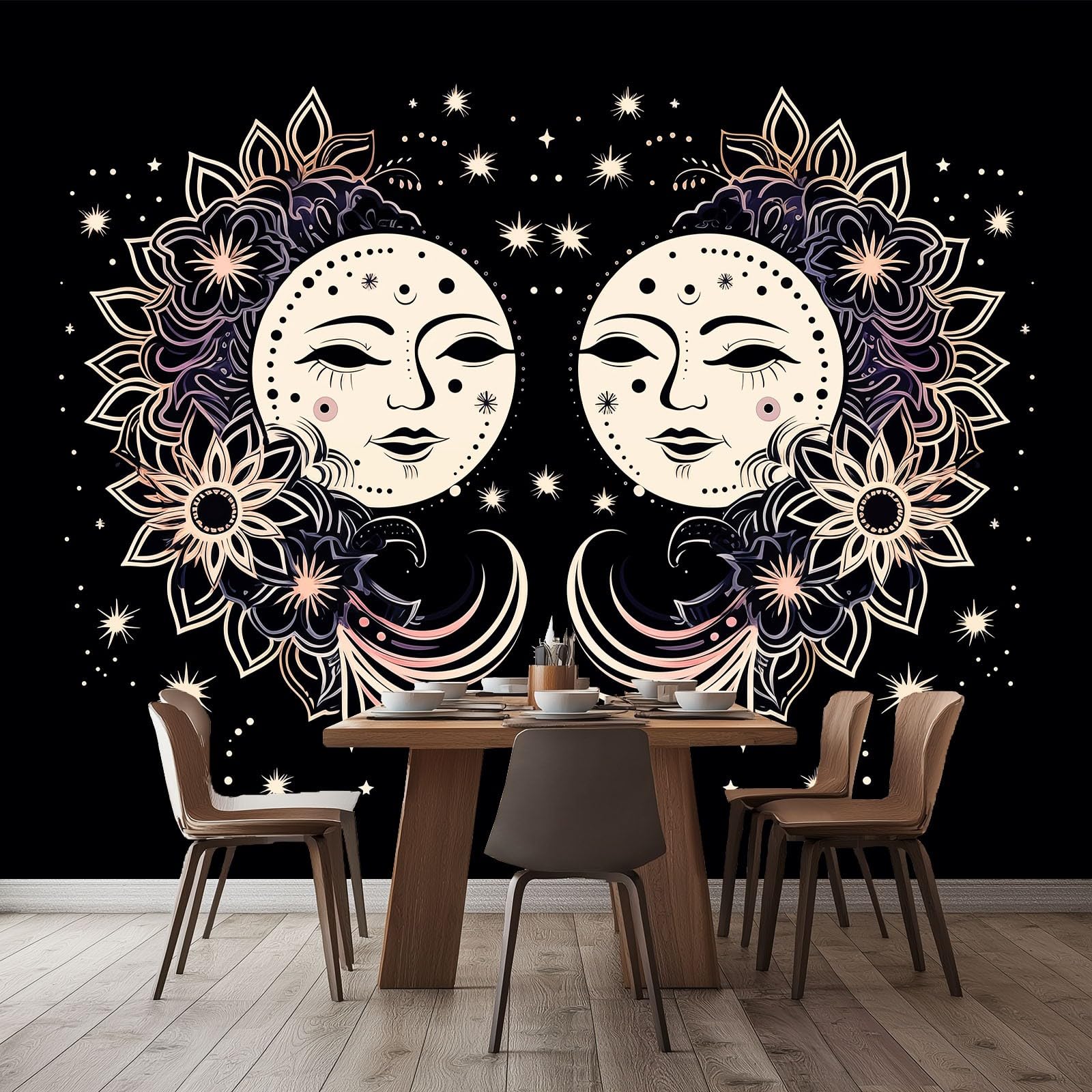Fototapety Czeskie słońce kwiaty linie - tapeta z włókniny, wodoodporna i oddychająca - dekoracja ścienna do salonu, sypialni, biura - 400 x 280 cm, morelowa czerń
