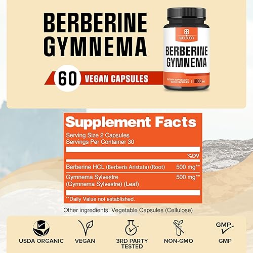 Miniatura 2 de Suplemento de berberina de 1000 mg con hoja orgánica de Gymnema Sylvestre - 60 cápsulas con extracto de alta concentración - Apoyo para el sistema