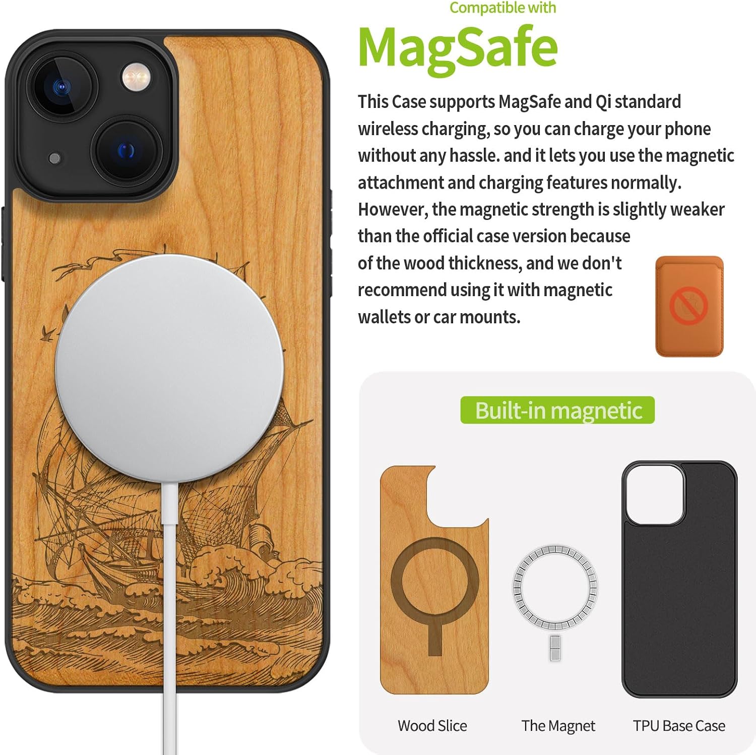 Carveit Magnetic Wood Case for iPhone 13 Mini Case [Natural Wood & Black Soft TPU] Unique Wooden Shockproof Protective Cover Compatible with magsafe (Sailboat -Cherry)
