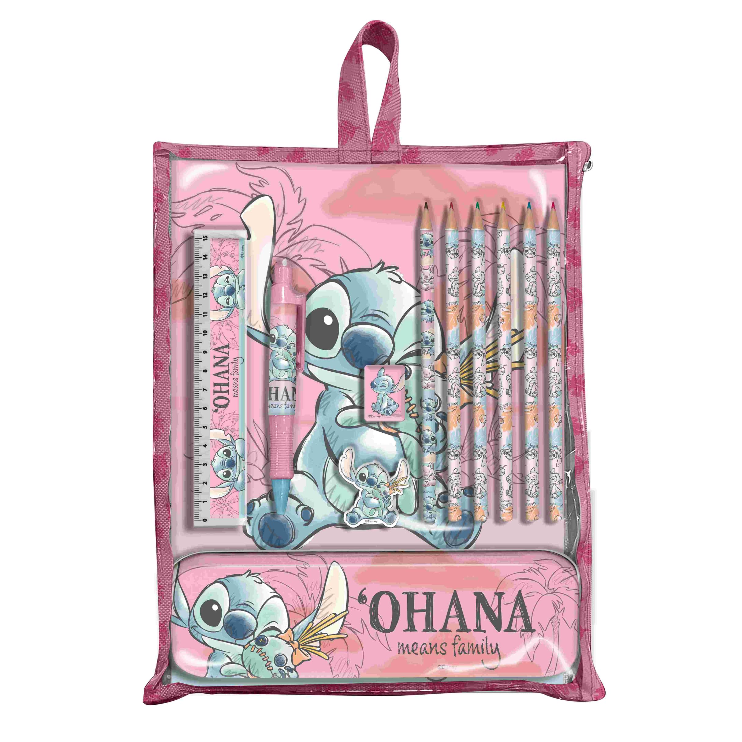 Disney Stitch Set de Papelería, Incluye 6 Lapices de Colores Goma de Borrar Sacapuntas Regla Estuche Boligrafo y Cuaderno, Regalo Juego de Papeleria para Niñas