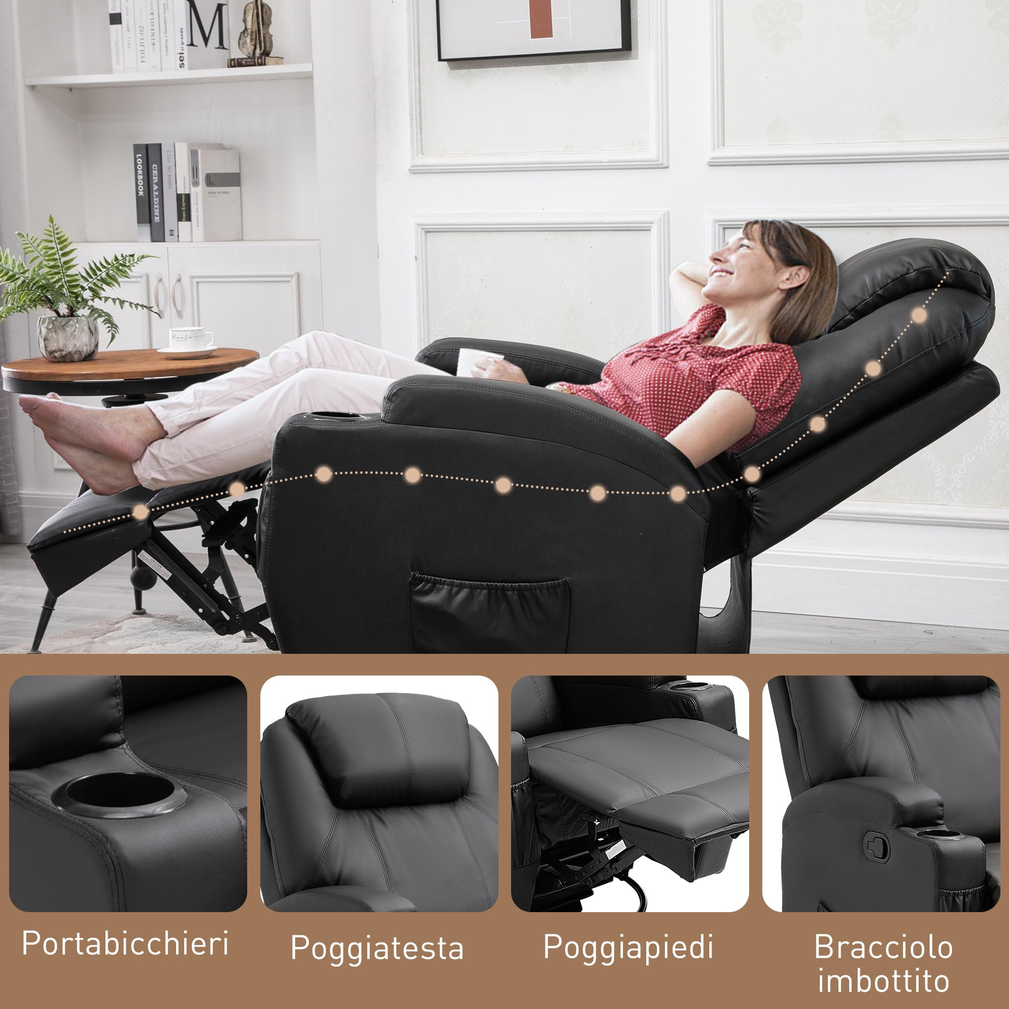 HOMCOM Poltrona Massaggiante Reclinabile Manuale, Poltrona Relax Elettrica Girevole con 2 Portabicchieri, Telecomando, Poggiapiedi e 4 Tasche Laterali, in Pelle PU, Legno e Acciaio, Nero