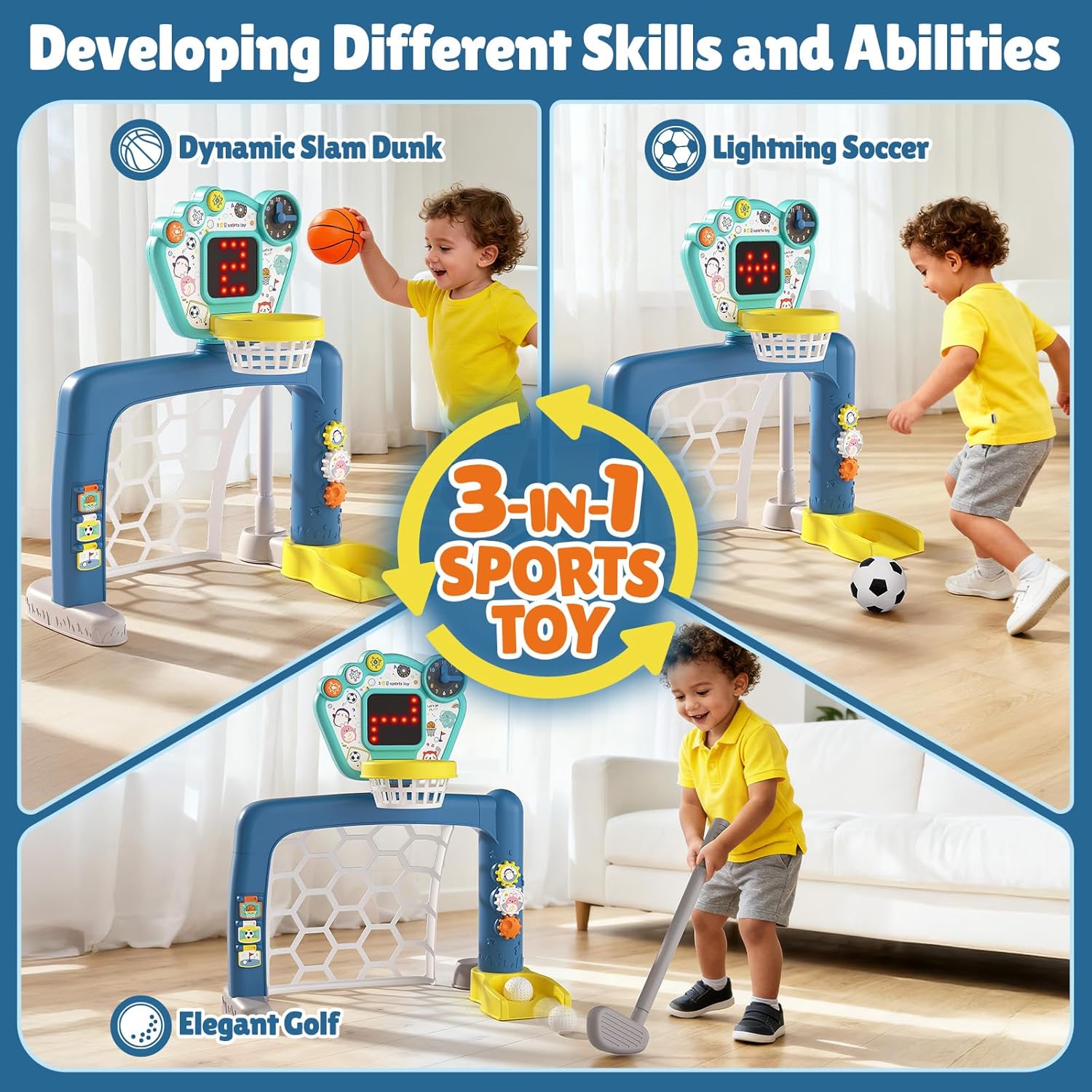 Toddler Sports Toys, 3-in-1 Toddler Basketball Hoop Soccer Golf Activity Center, Basketball Hoop for Kids 1-3,1 2 3 Year Old Boys Girls Toy, Montessori Toys for Toddlers & Baby