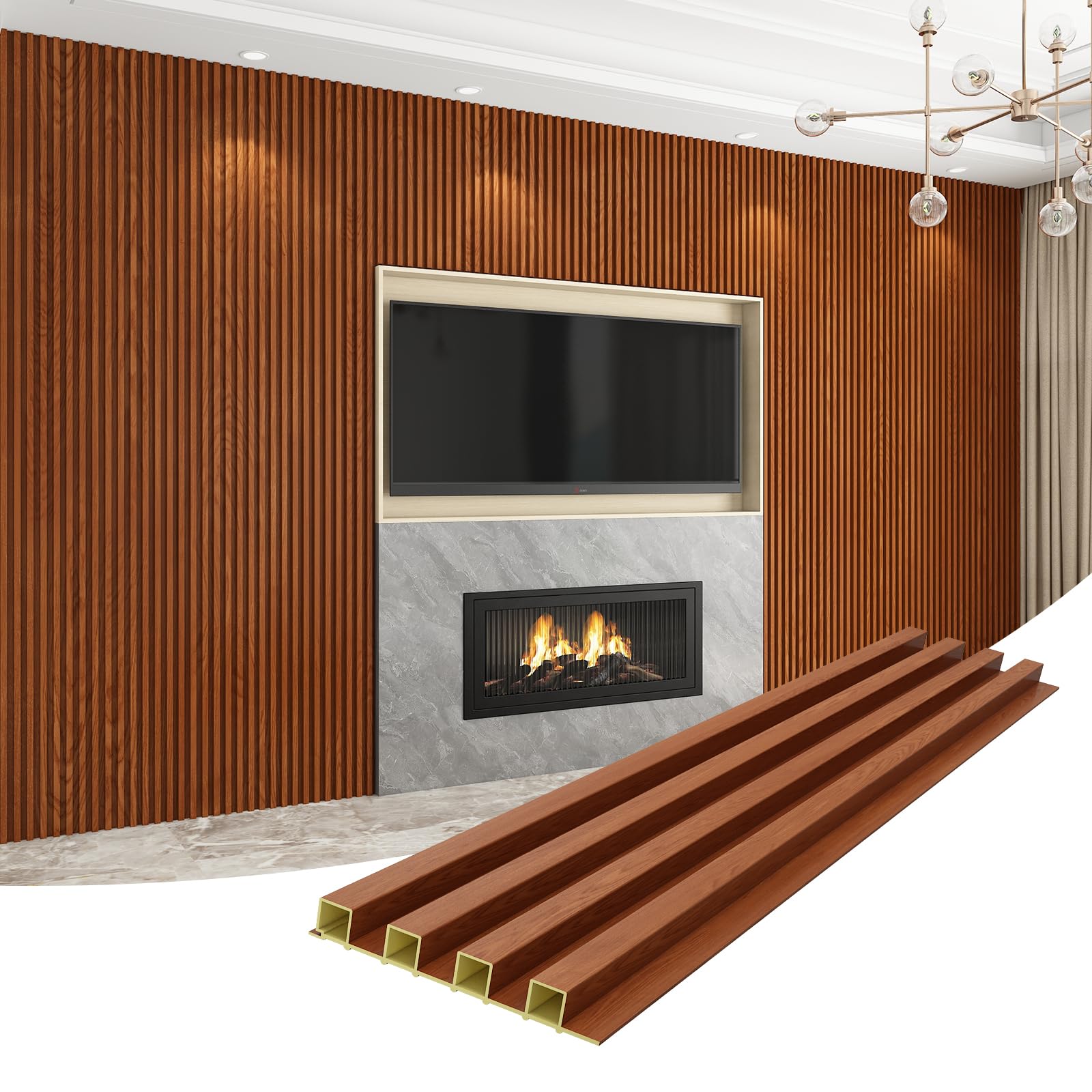 8-Pack WPC Wall Panels 108’’ x 6.1’’ 3D Slat Wall Panel Acoustic Wall Paneling for Interior Wall Decor TV Background Kitchen Bedroom Teak