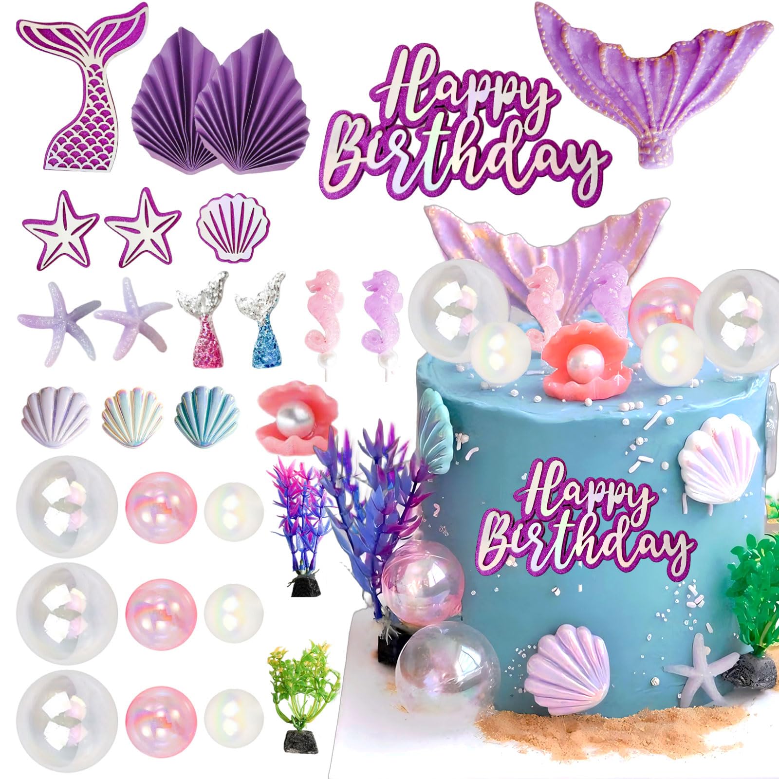 29Pcs Mermaid Cake Toppers, Tyotrbs MermaidCake Decorations MermaidBirthday Cake Decor Little Mermaid Cake Topperfor Summer and Ocean Birthday Party