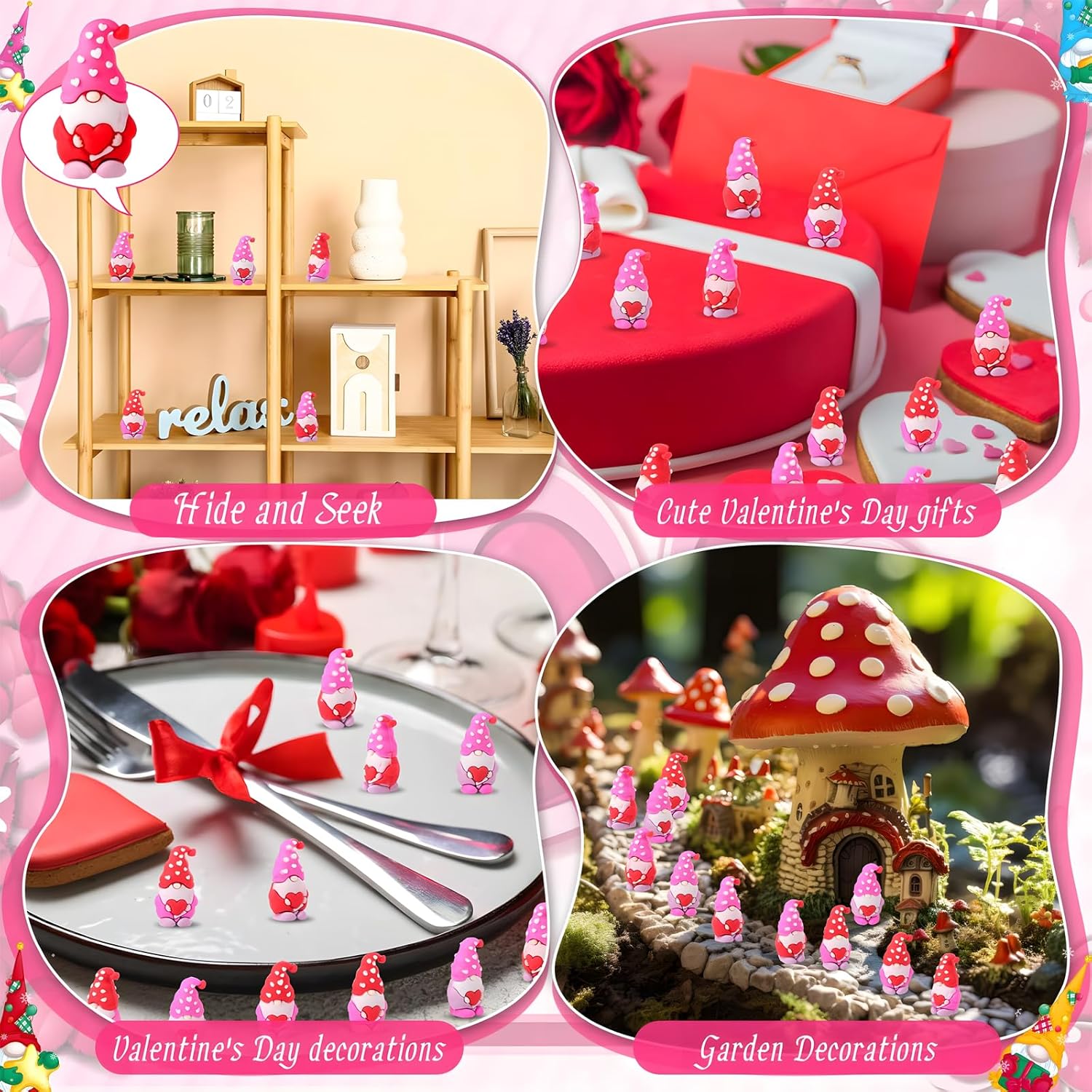 Valentine Gnome Gifts Bulk, Mini Heart Gnome Figurines, Non Candy Valentine’s Day Gifts for Classroom Office, Cute PVC Desk Decor, Small Valentine Party Favors for Kids Adults (50PCS)
