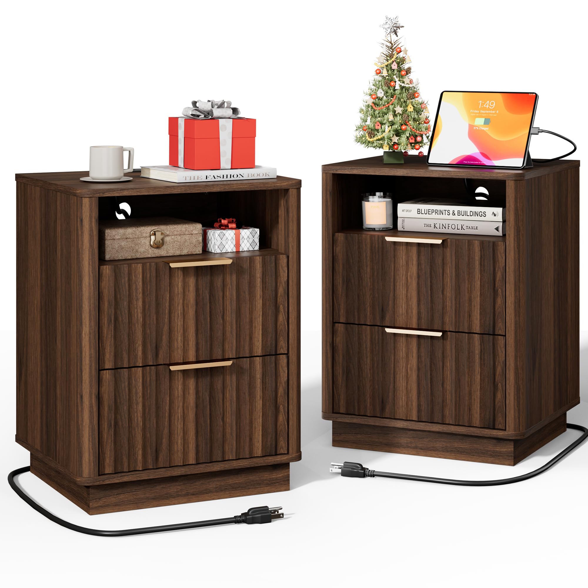 FavourLife Fluted Nightstand, Night Stand Set 2, Walnut Nightstands Set of 2 with Charging Station, 2 Drawer Wood End Table w/Storage, Modern Bedside