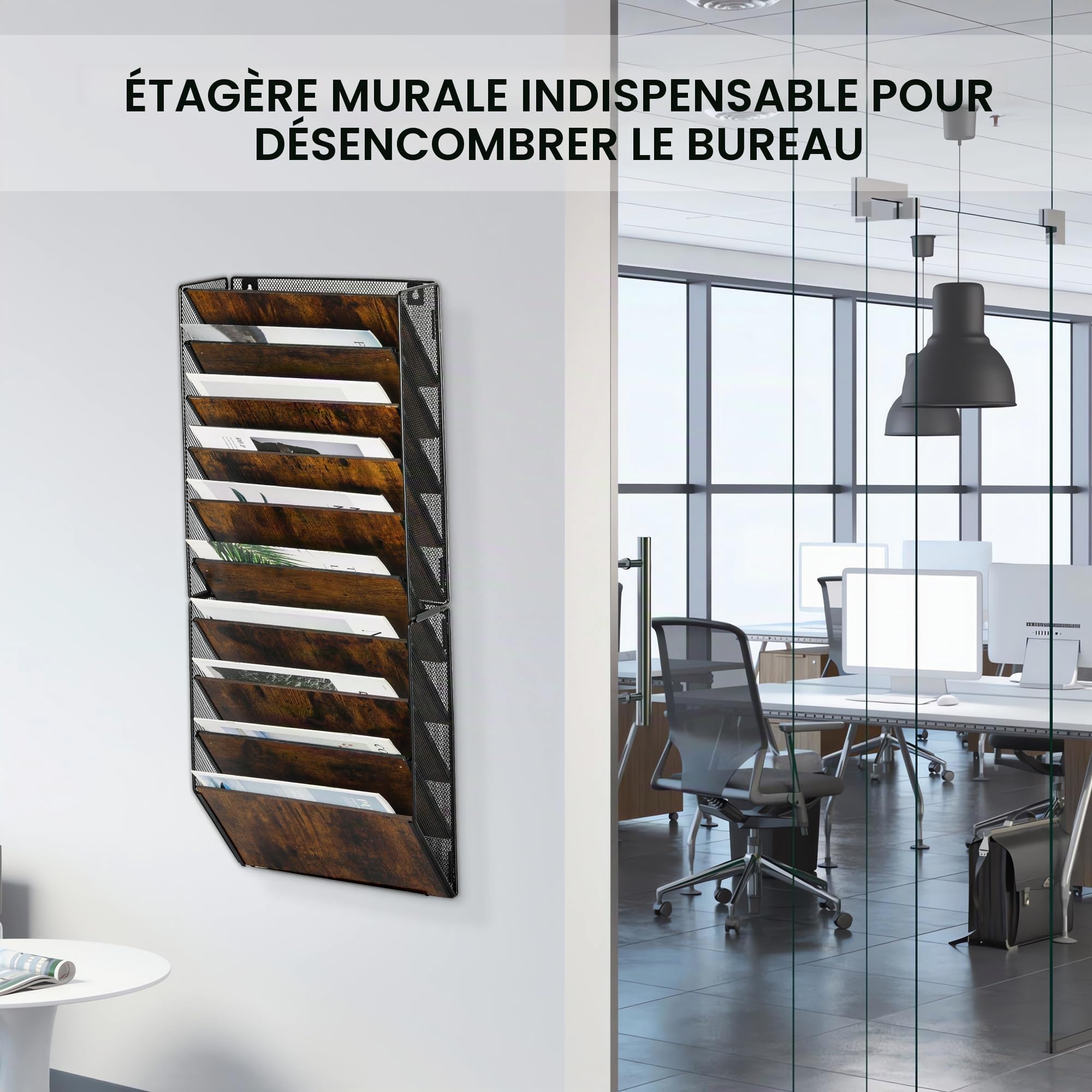 Porte Document Mural 10 Étages en Bois - Organisateur Bureau A4 pour Papiers, Revues, Fichiers avec Rangement Intégré, Noir/Antique (Maison, École, Bureau)