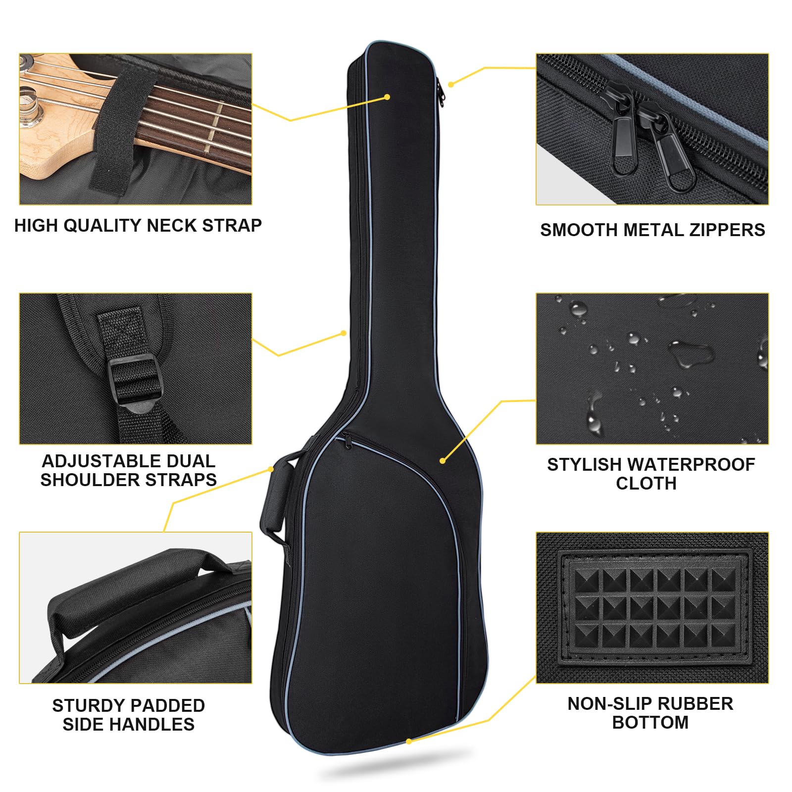 Custodia per Chitarra Basso Custodia di Trasporto per Chitarra Basso 0,38 Pollice Impermeabile Imbottitura Spessa Zaino Borsa Morbida per Basso Elettrico, Bass Guitar Bag-Black Pocket, 123 x 41