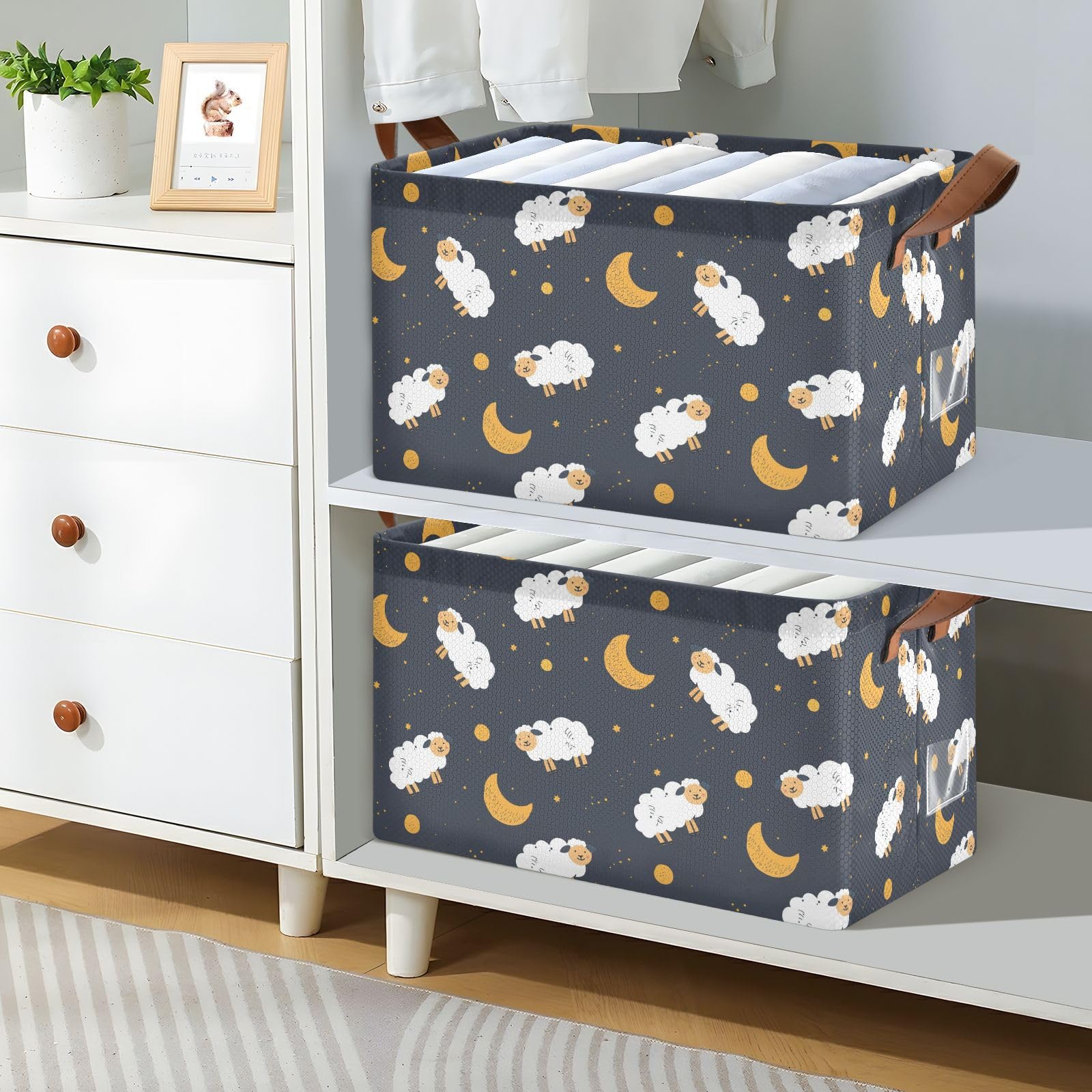 KLL Kreskówka owca księżyc czarne kosze do przechowywania tkaniny kosze z uchwytami kostki do przechowywania tkaniny do organizacji 2 szt. cajas de almacenamiento para closet