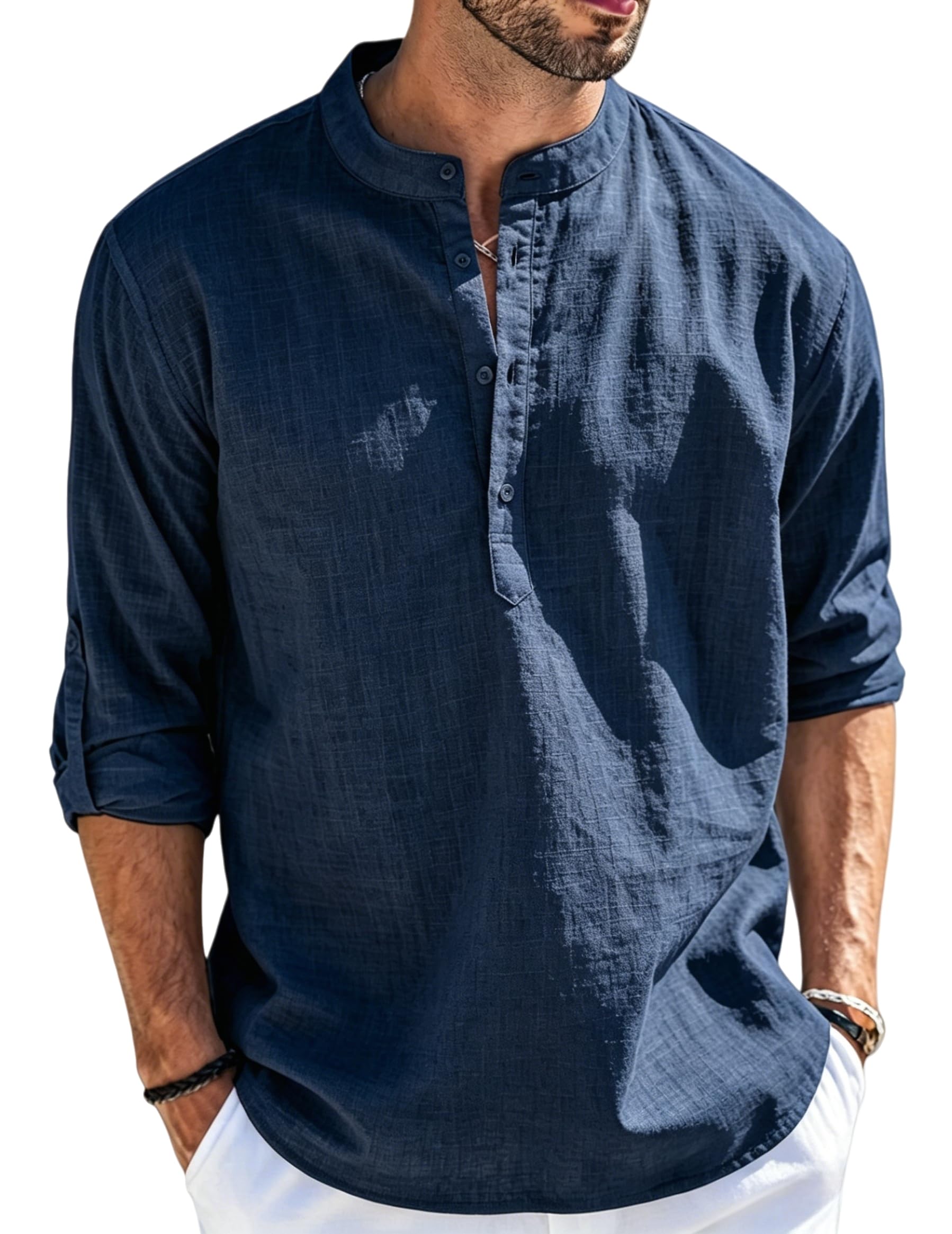 Cegerne Camicia Lino Uomo Maniche Lunghe Estiva Leggera Traspirante Henley Casual Maglietta Casacca Vacanze Spiaggia