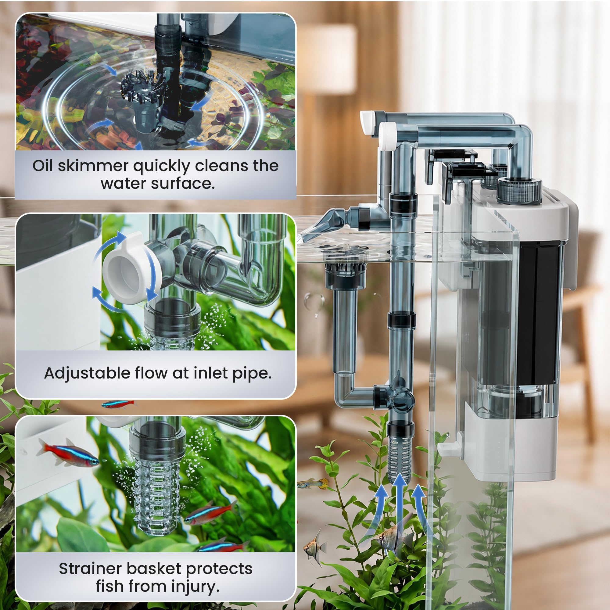 Filtro Acquario a Zainetto 300 L/H Acquari 19-38 Litri | Filtro per Acquario Con Flusso Regolabile, Skimmer Di Superficie, Filtrazione a 3 Stadi, Sistema Anti-Intasamento