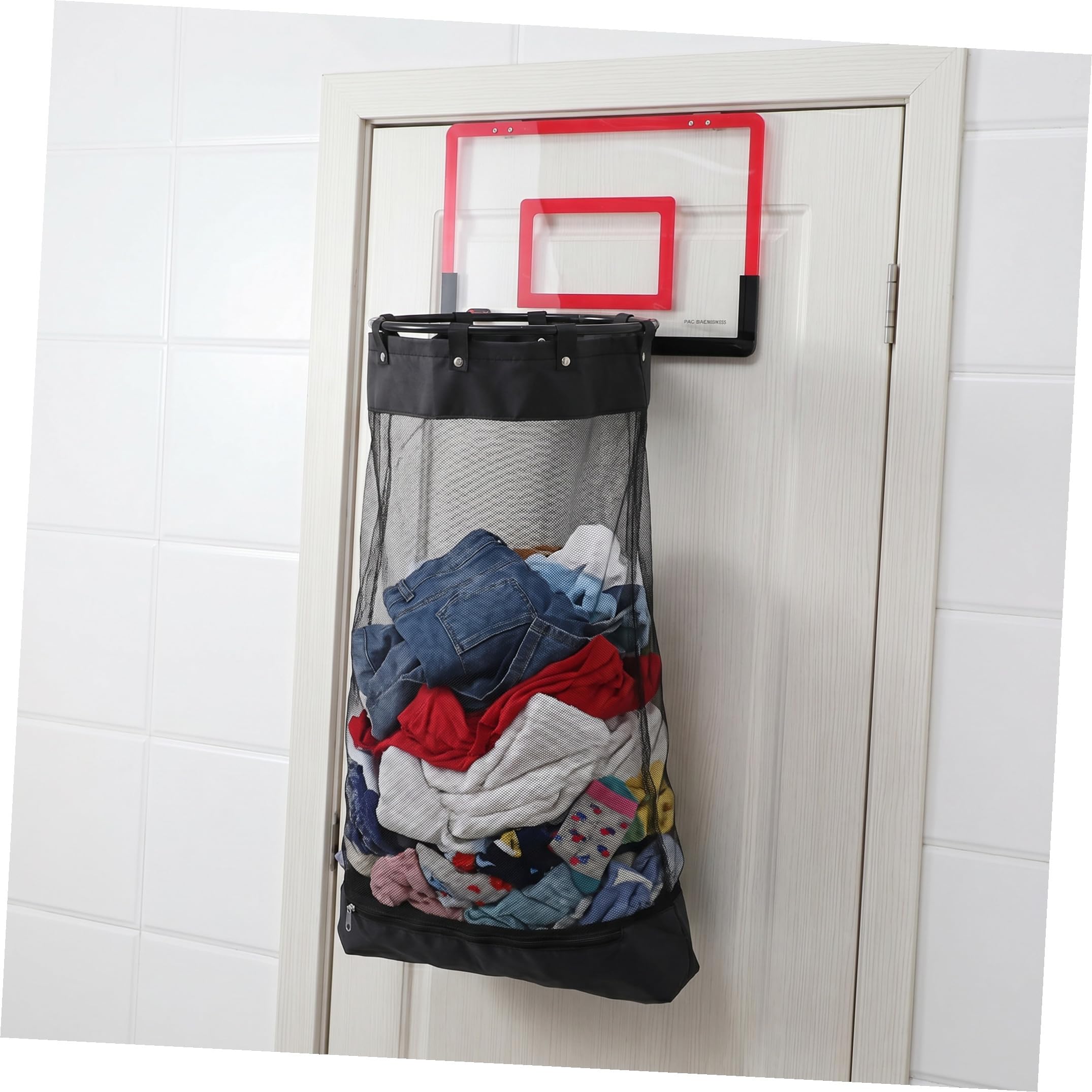 PRETYZOOM Basketball Platzsparend Roter mit Reißverschluss Wäschekorb und Universellen Haken Kunststoffnetz 106x40x33 Cm für Kinderzimmer und Studentenwohnheim