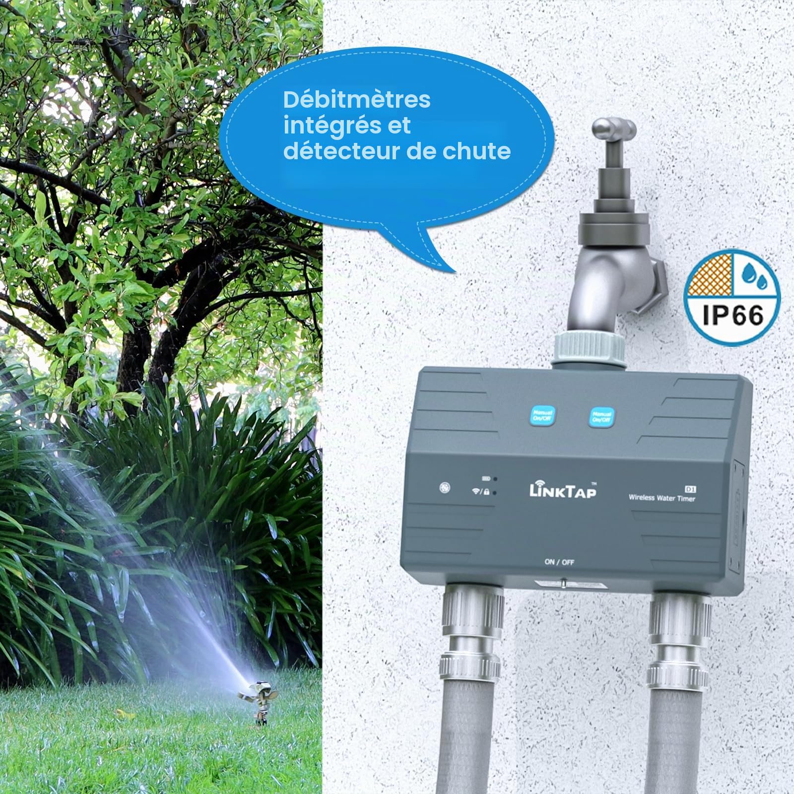 LinkTap D1 Programmateur d'arrosage Intelligent et Gateway, 2 Zones distinctes, Débitmètres intégrés, Adaptation météo, Détection et Notification d'Erreurs, Portée Plus Large Que WiFi, IP66