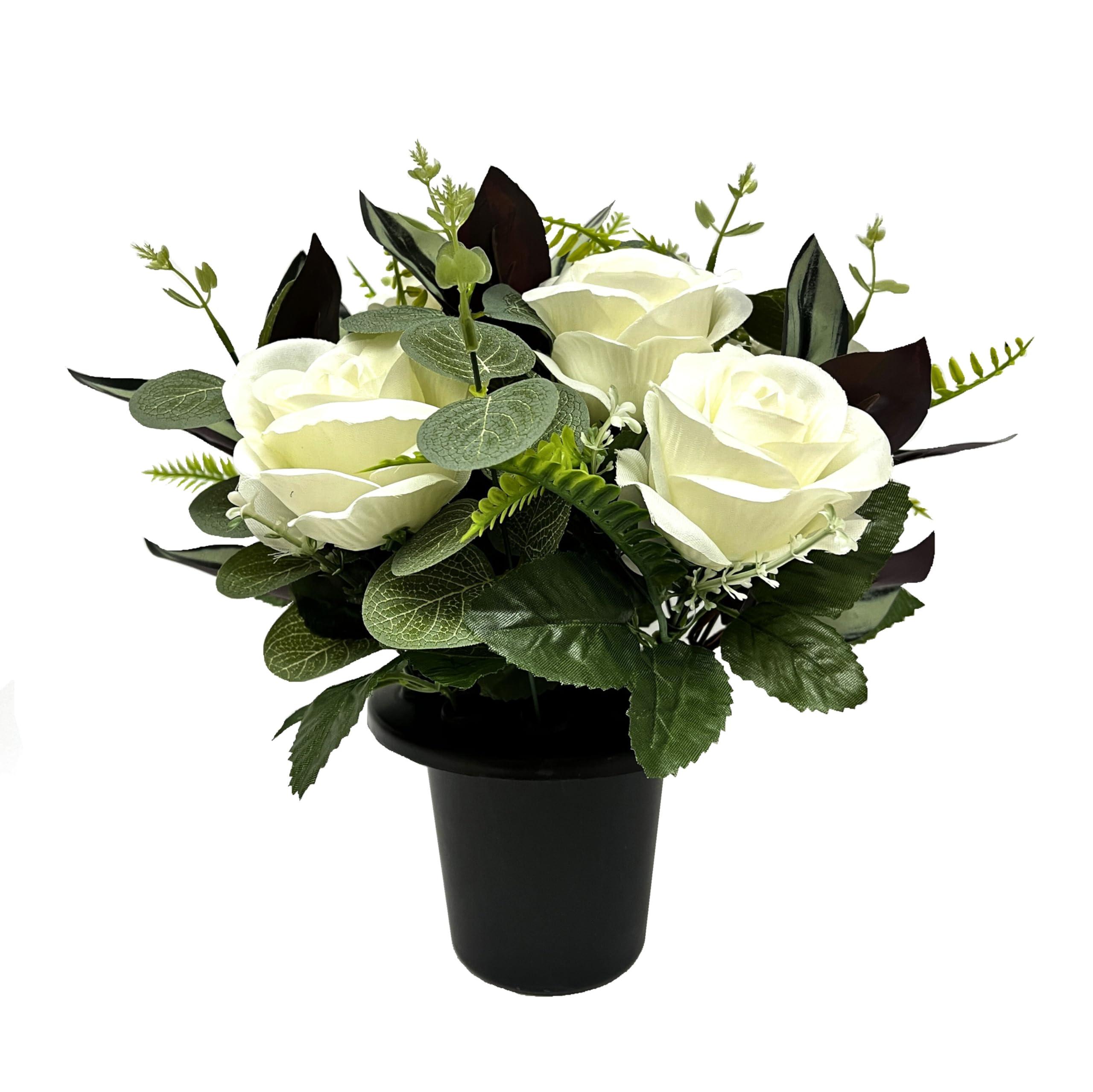 CFY Memorials Premium Artificial Grave Flowers – Cream Open Roses with Eucalyptus (25cm) | Memorial Vase Pot