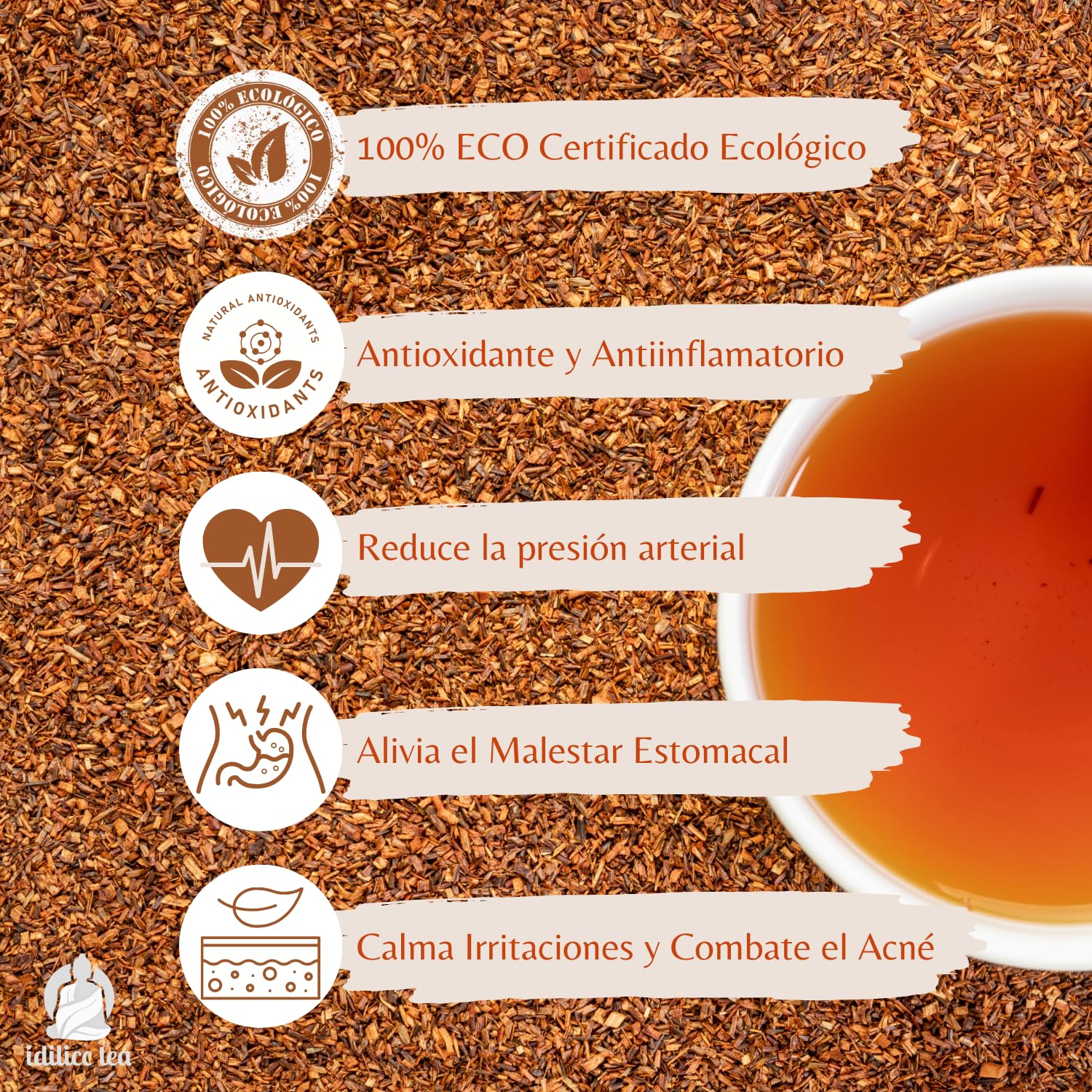 IDILICC TEA Infusion de Rooibos 100% Ecológico. 30 Pirámides. Bolsitas de Te Rojo Sudafricano Natural con Hinojo y Tila. Roibos Relajante. Reduce Acidez Estomacal. Infusiones Variadas