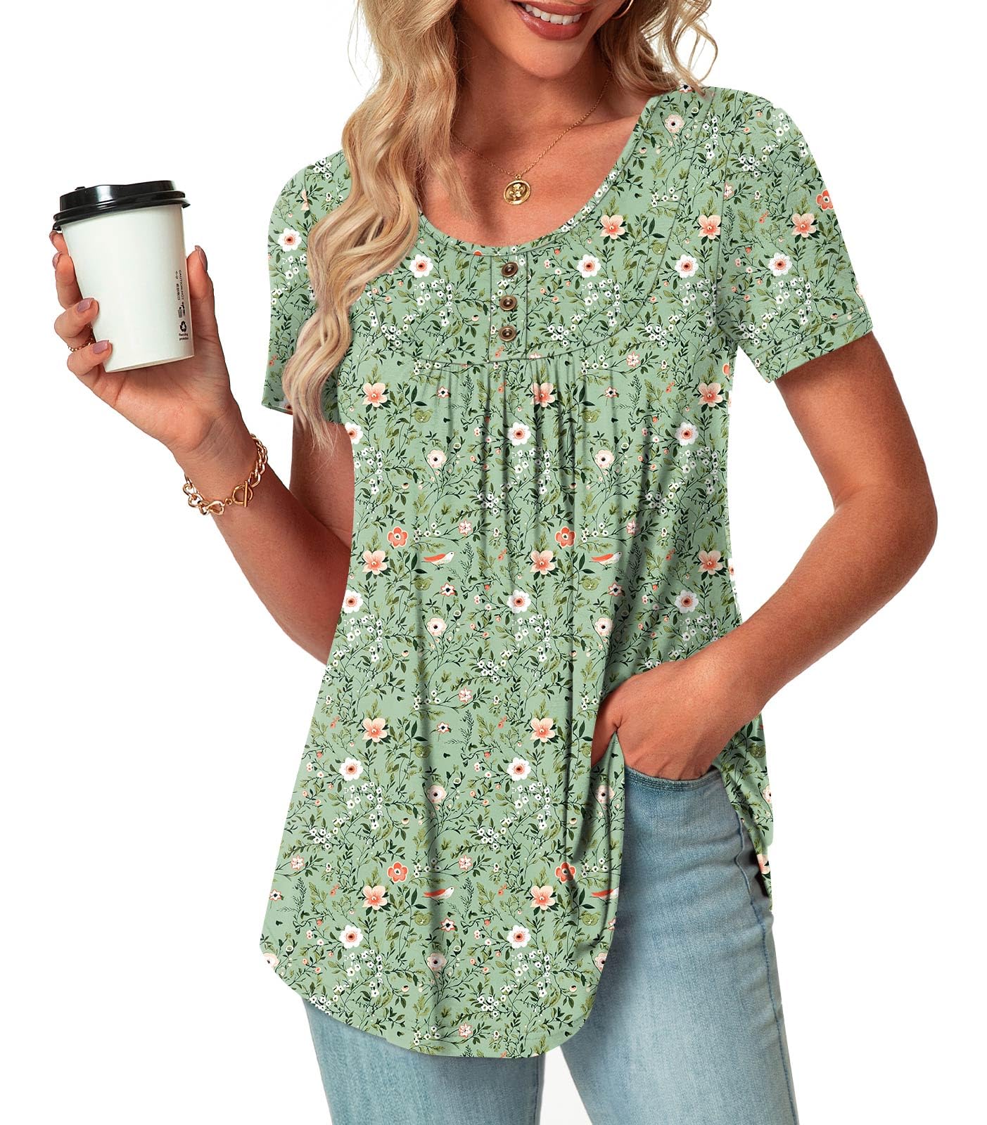 POPYOUNG Summer Womens Tunic Tops Loose Fit dressy Casual Short Sleeve Shirts to wear with Leggings