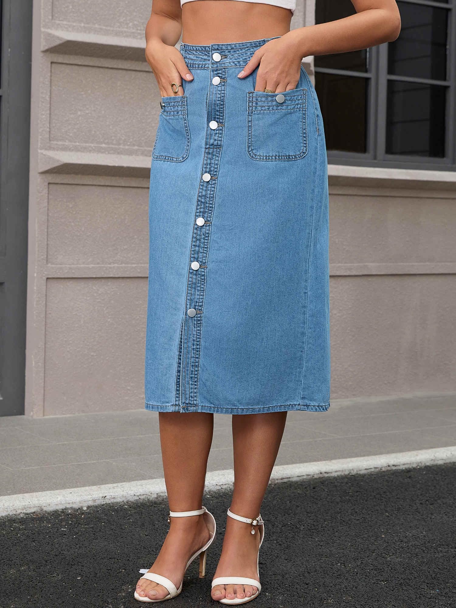Damen Jeansrock Hohe Taille mit Knopfleiste und Taschen Midi | Klassischer Stil mit Modernem Twist Schlitz für Kantigkeit Ideal für Lässige Ausflüge Straße und Dates