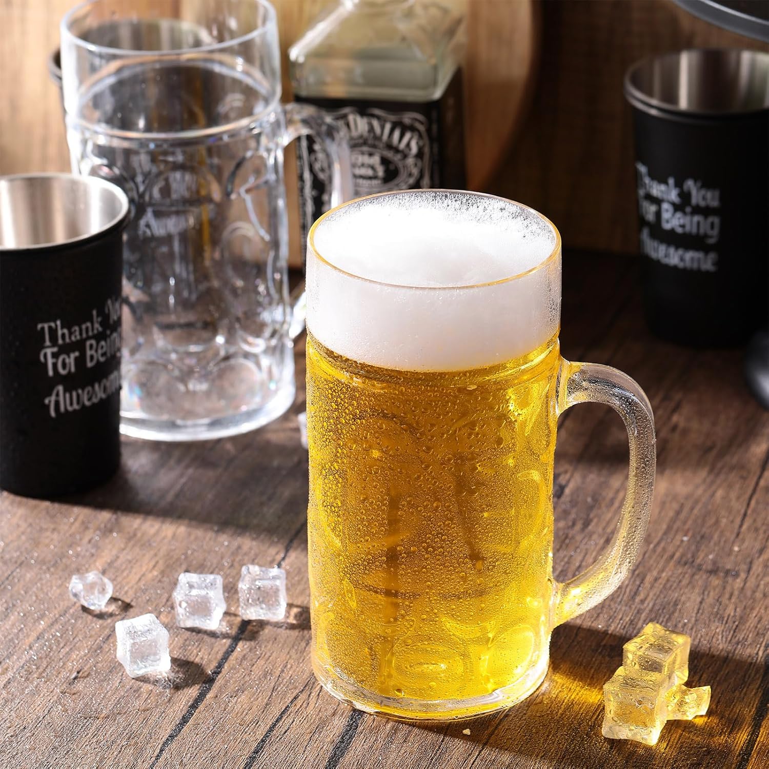 Suclain 6 Pcs Clear Plastic Beer Mugs with Handles,34 oz Large Dimpled Reusable Cups Classic Plastic Coffee Mugs for Beer, Whiskey, Juice, Coffee, Tea & Cocktail
