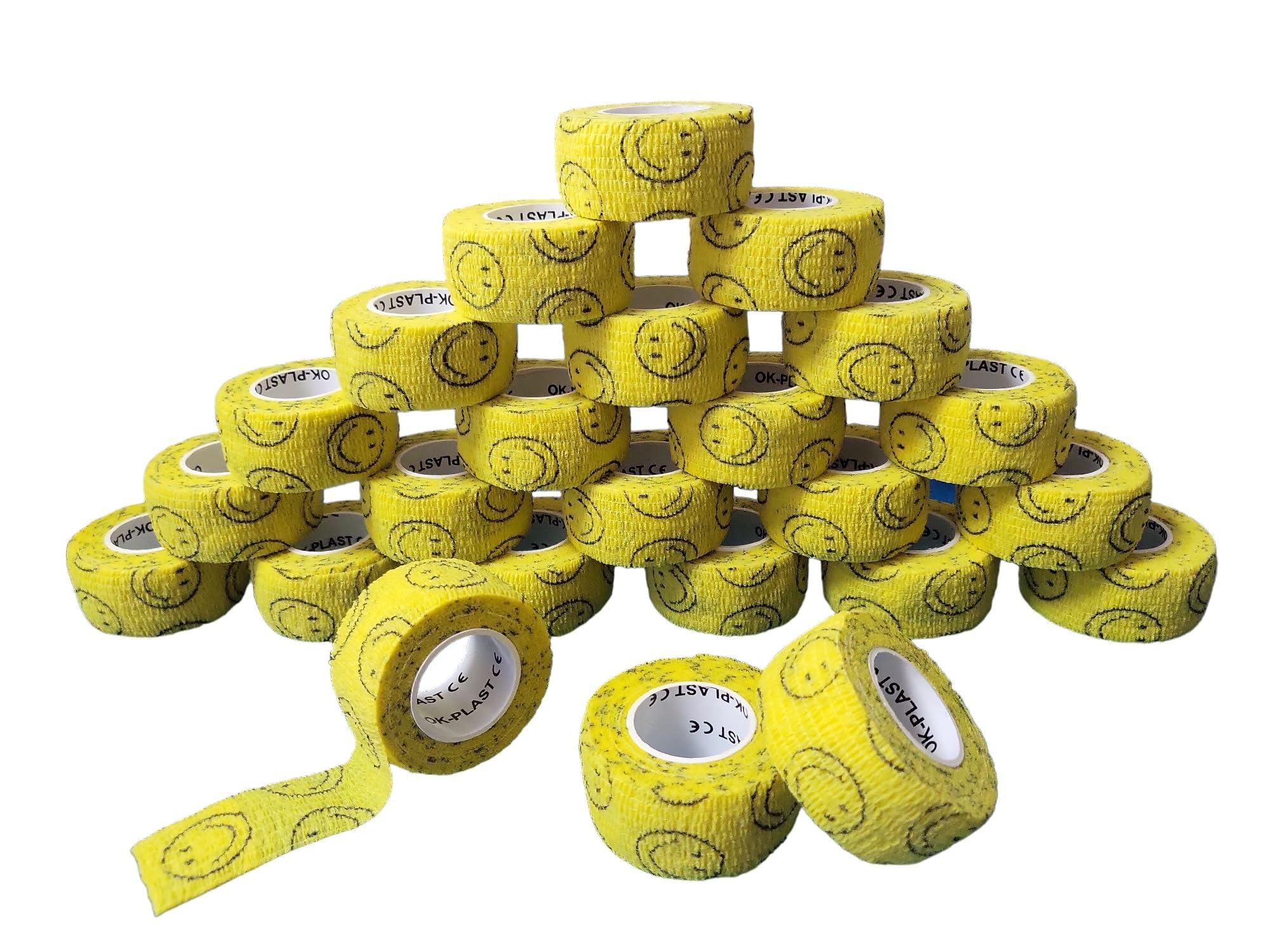 24 Rollen Ok-plast Fingerpflaster | Selbsthaftend | Klebt nicht auf Haut & Haare (24 Rollen, Gelb mit Smiley)